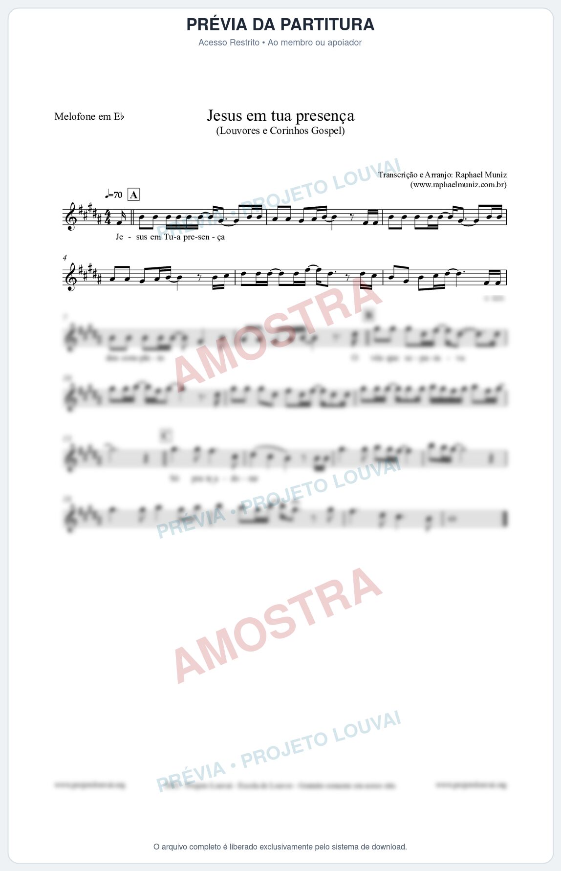 Prévia protegida da primeira página da partitura Partitura para Melofone em Eb - Jesus em tua presença - Louvores e Corinhos Gospel