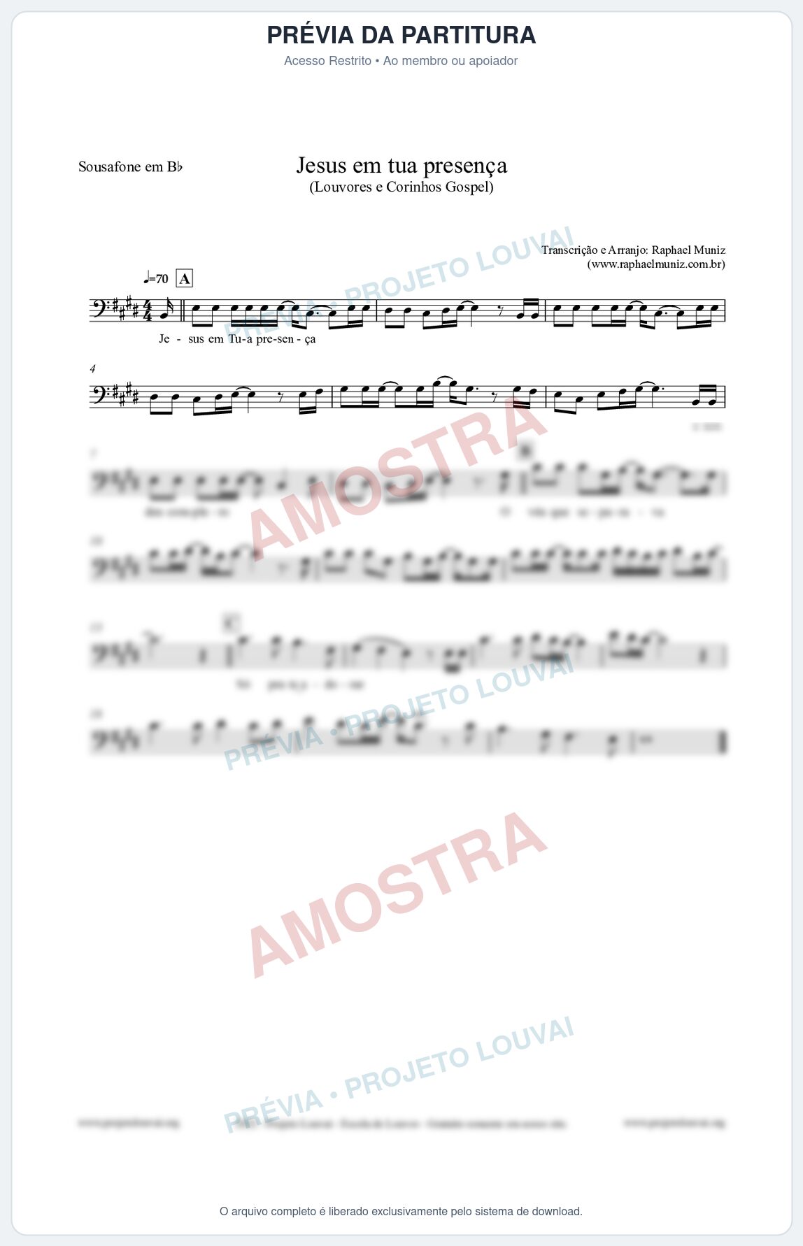 Prévia protegida da primeira página da partitura Partitura para Sousafone em Bb - Jesus em tua presença - Louvores e Corinhos Gospel