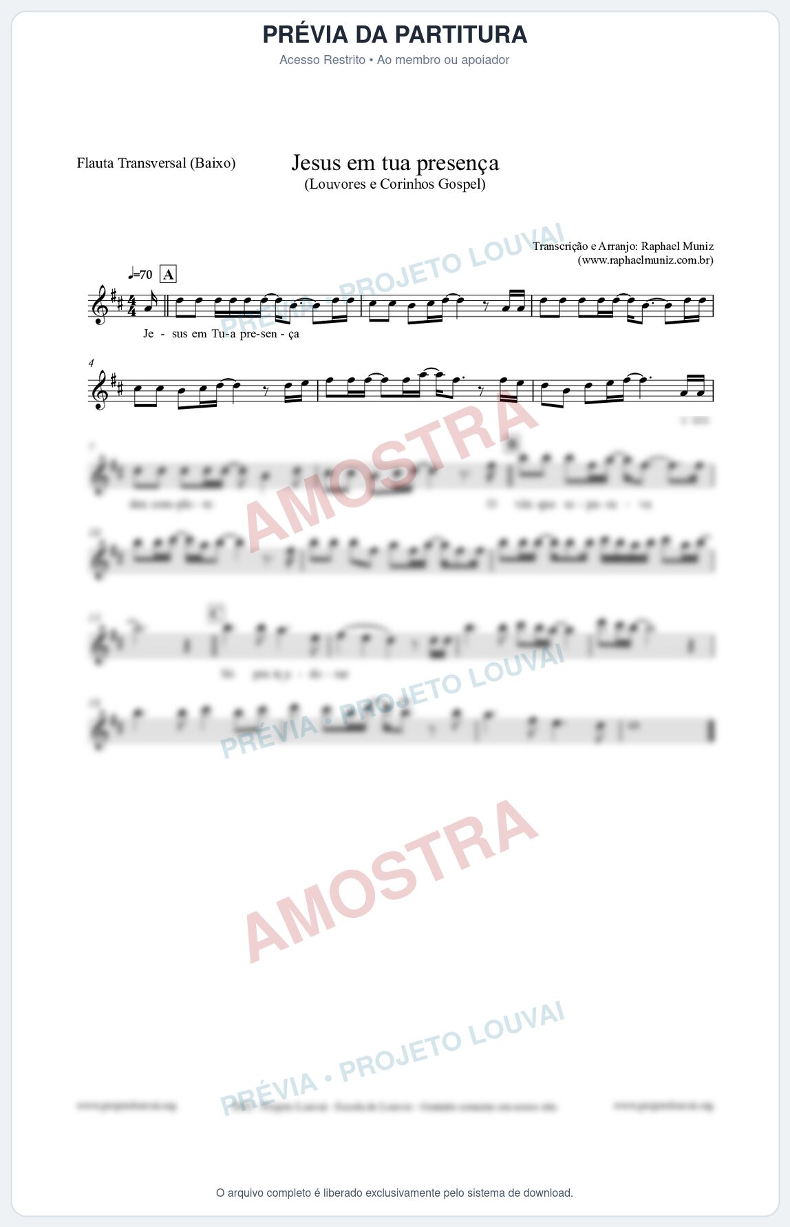 Prévia protegida da primeira página da partitura Partitura para Flauta Transversal (Baixo) - Jesus em tua presença - Louvores e Corinhos Gospel