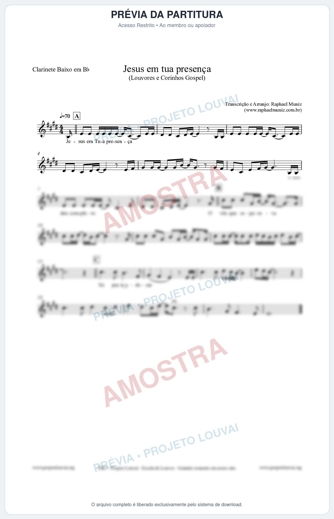 Prévia protegida da primeira página da partitura Partitura para Clarinete Baixo em Bb - Jesus em tua presença - Louvores e Corinhos Gospel