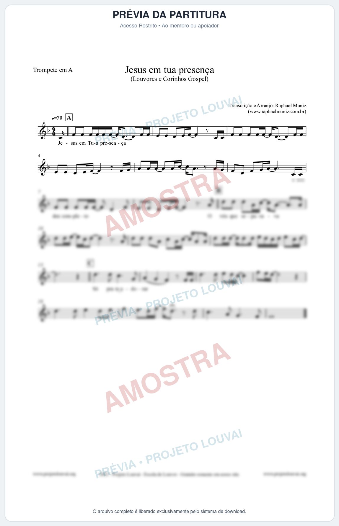Prévia protegida da primeira página da partitura Partitura para Trompete em A - Jesus em tua presença - Louvores e Corinhos Gospel