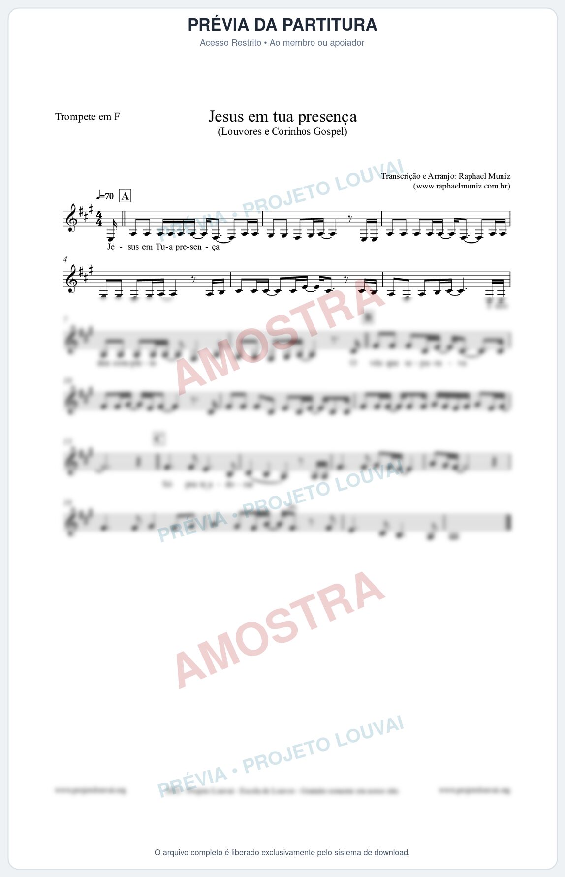 Prévia protegida da primeira página da partitura Partitura para Trompete em F - Jesus em tua presença - Louvores e Corinhos Gospel