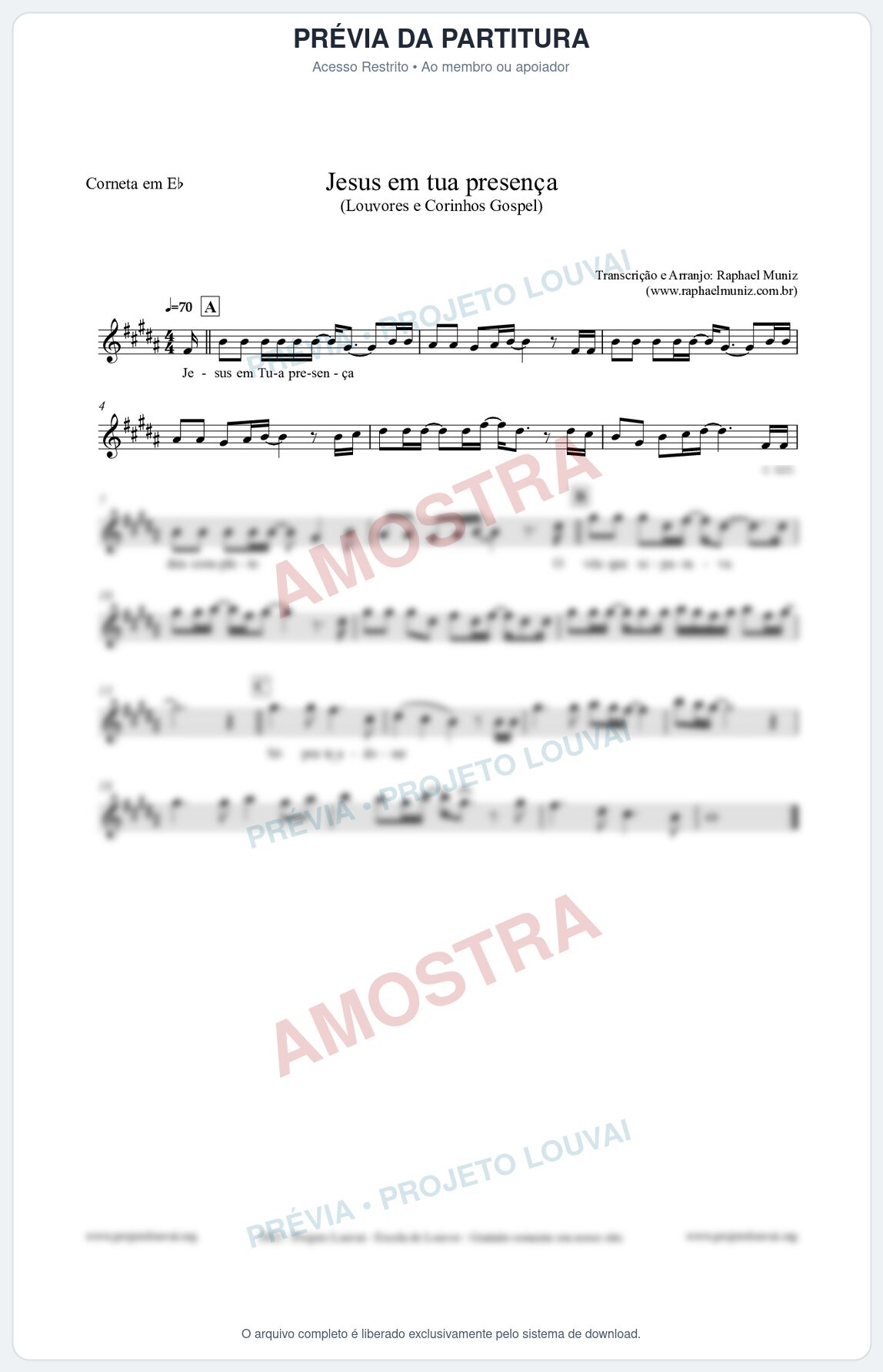 Prévia protegida da primeira página da partitura Partitura para Corneta em Eb - Jesus em tua presença - Louvores e Corinhos Gospel
