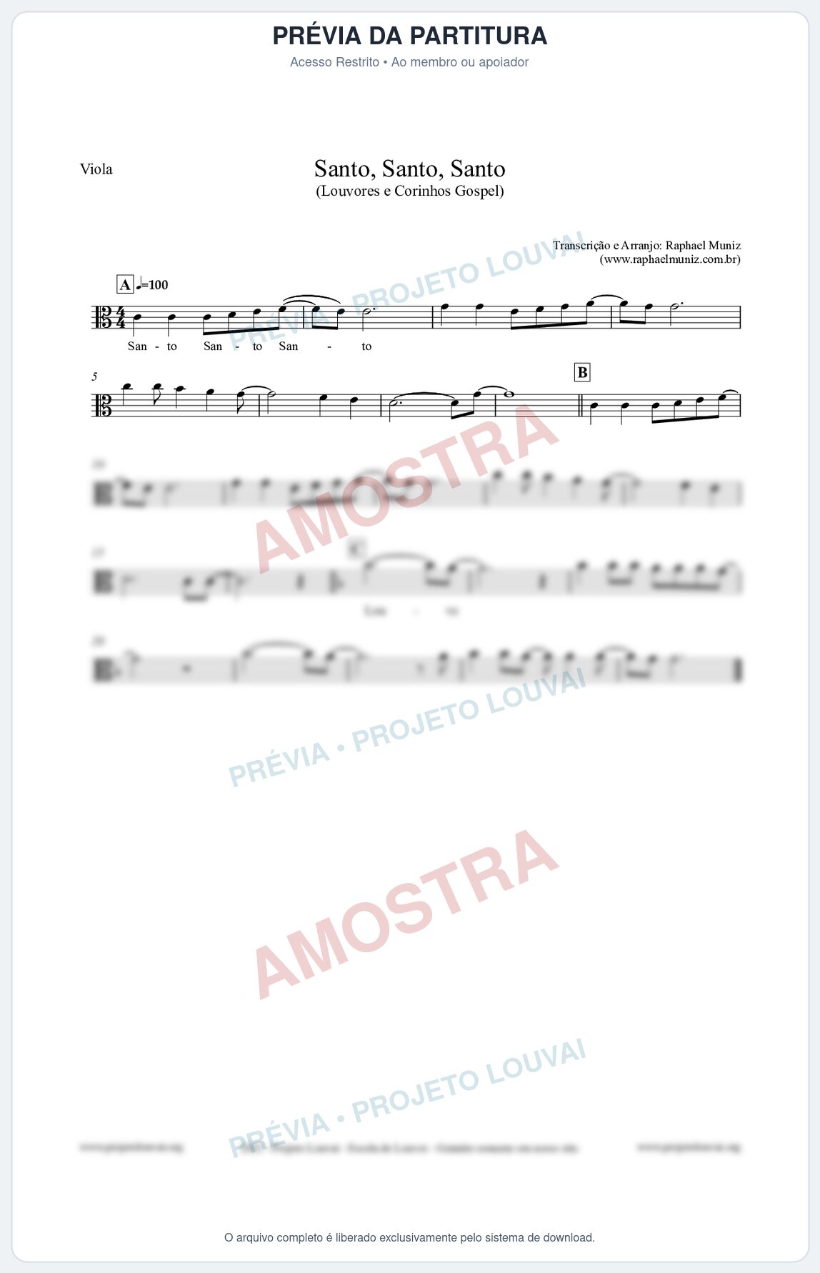 Prévia protegida da primeira página da partitura Partitura para Viola - Santo, Santo, Santo - Louvores e Corinhos Gospel