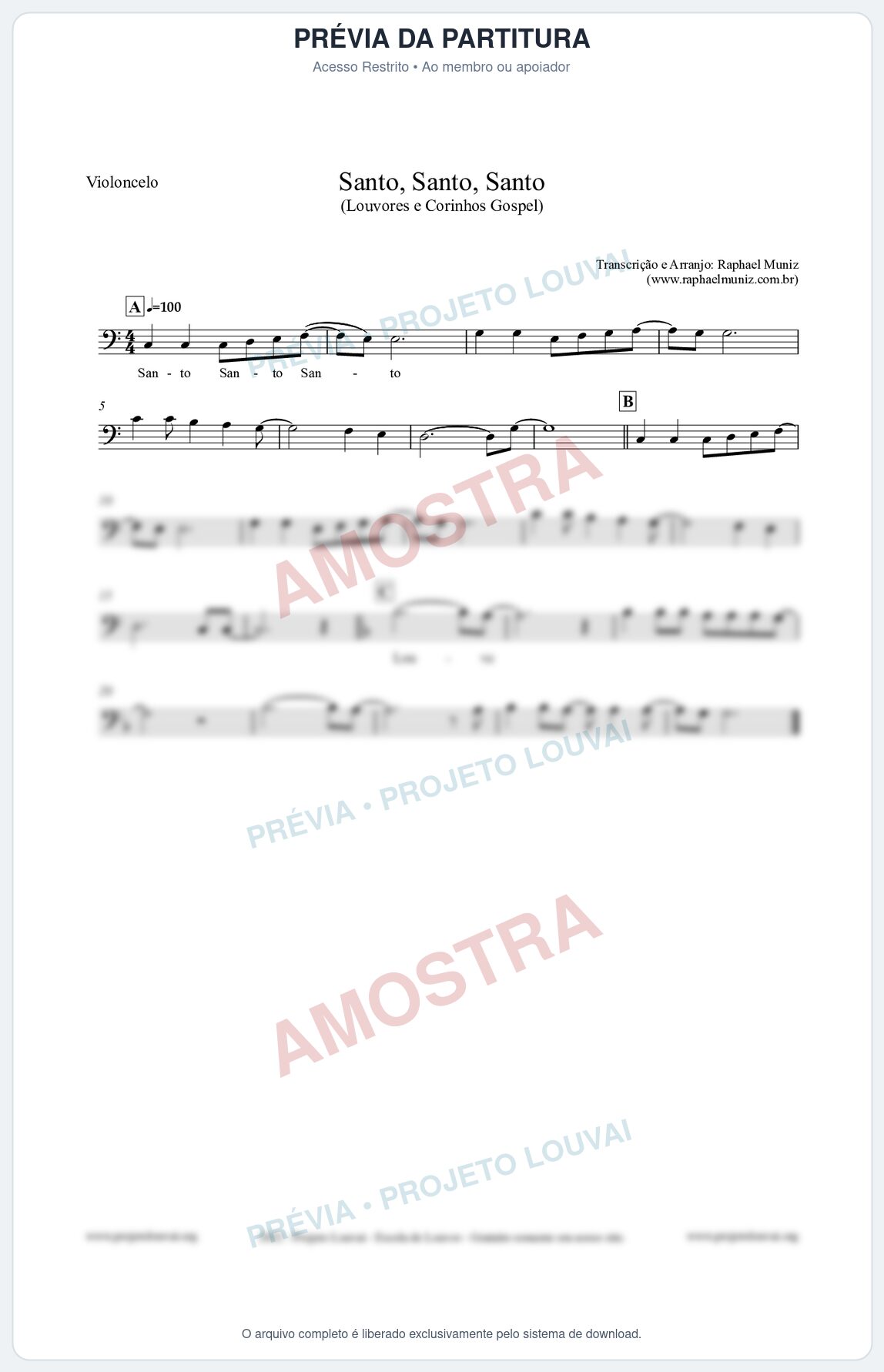 Prévia protegida da primeira página da partitura Partitura para Violoncelo - Santo, Santo, Santo - Louvores e Corinhos Gospel