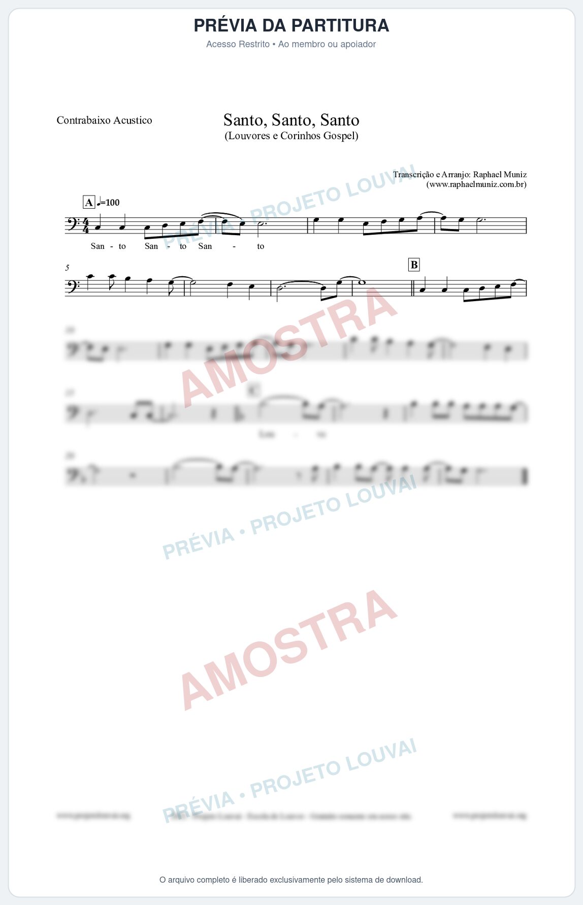 Prévia protegida da primeira página da partitura Partitura para Contrabaixo Acústico - Santo, Santo, Santo - Louvores e Corinhos Gospel