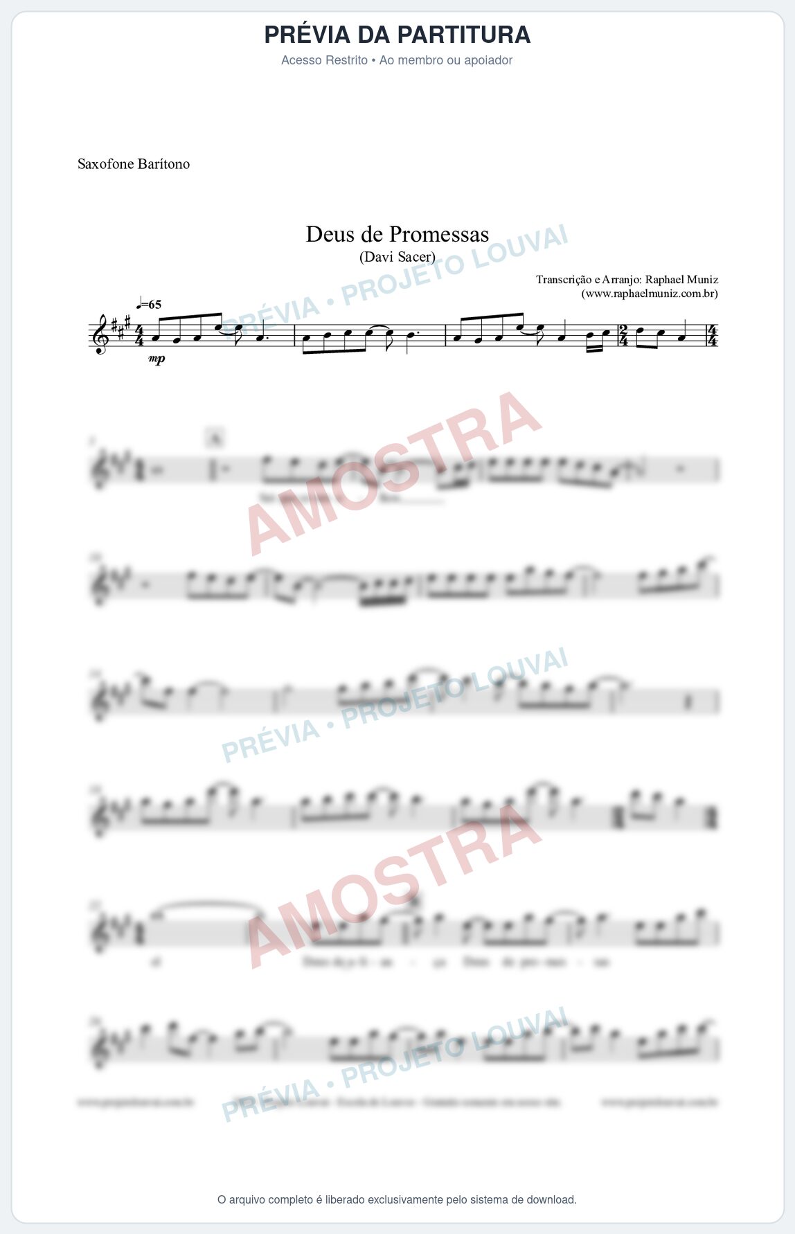 Prévia protegida da primeira página da partitura Partitura para Saxofone Barítono - Deus de Promessas - Davi Sacer