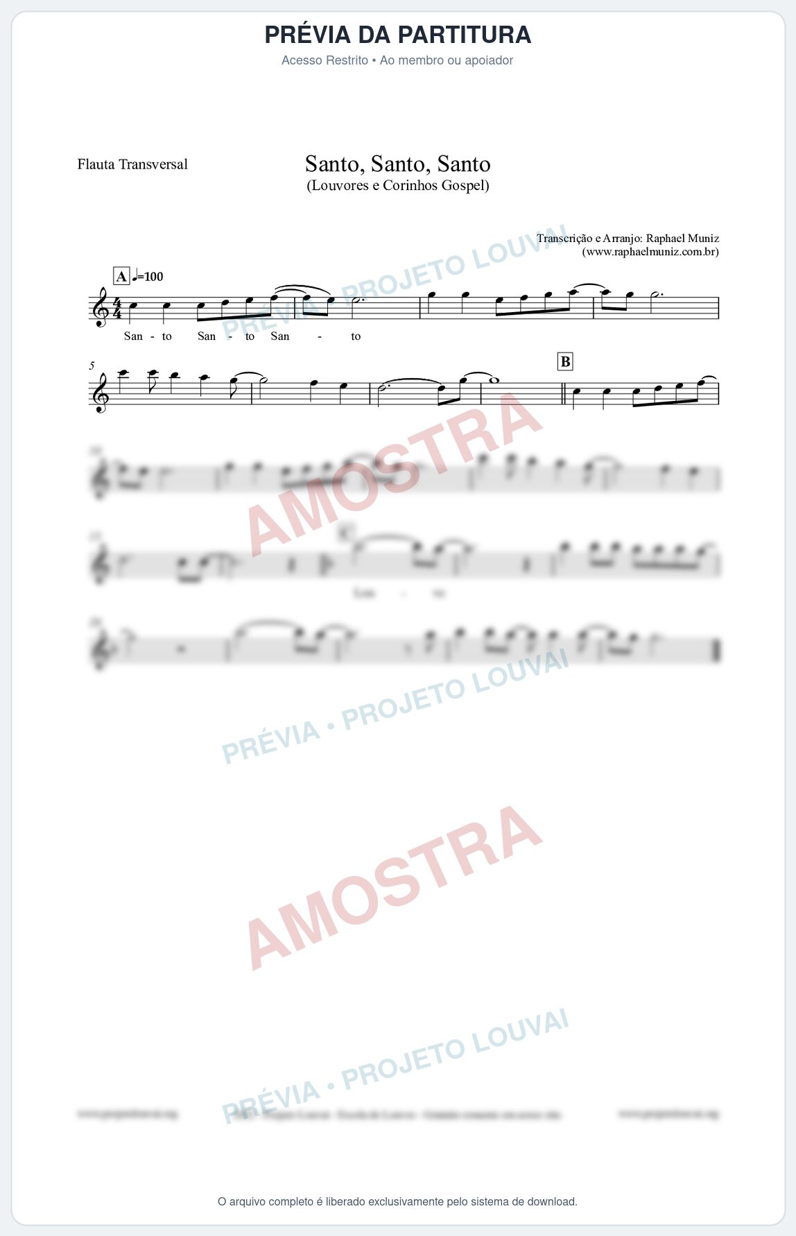 Prévia protegida da primeira página da partitura Partitura para Flauta Transversal - Santo, Santo, Santo - Louvores e Corinhos Gospel