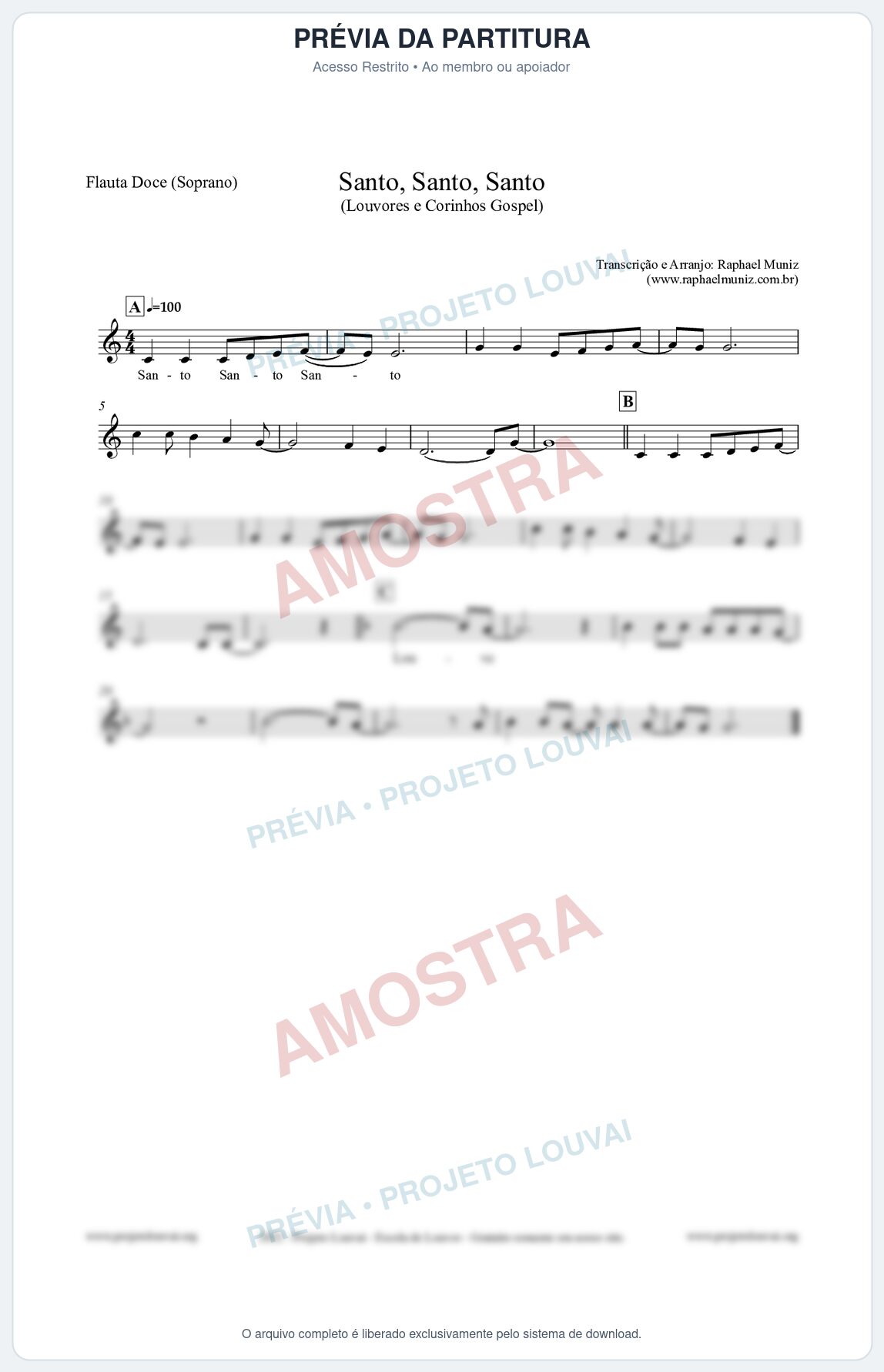 Prévia protegida da primeira página da partitura Partitura para Flauta Doce (Soprano) - Santo, Santo, Santo - Louvores e Corinhos Gospel