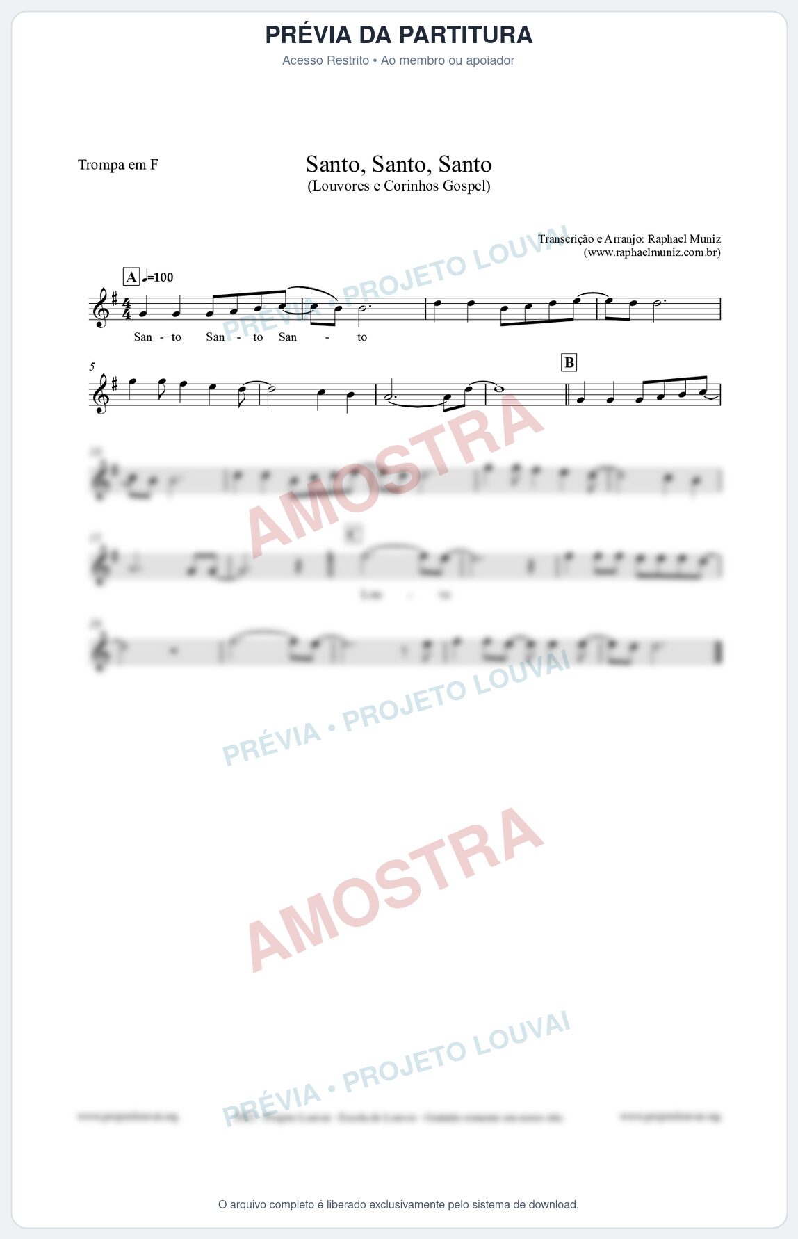 Prévia protegida da primeira página da partitura Partitura para Trompa em F - Santo, Santo, Santo - Louvores e Corinhos Gospel