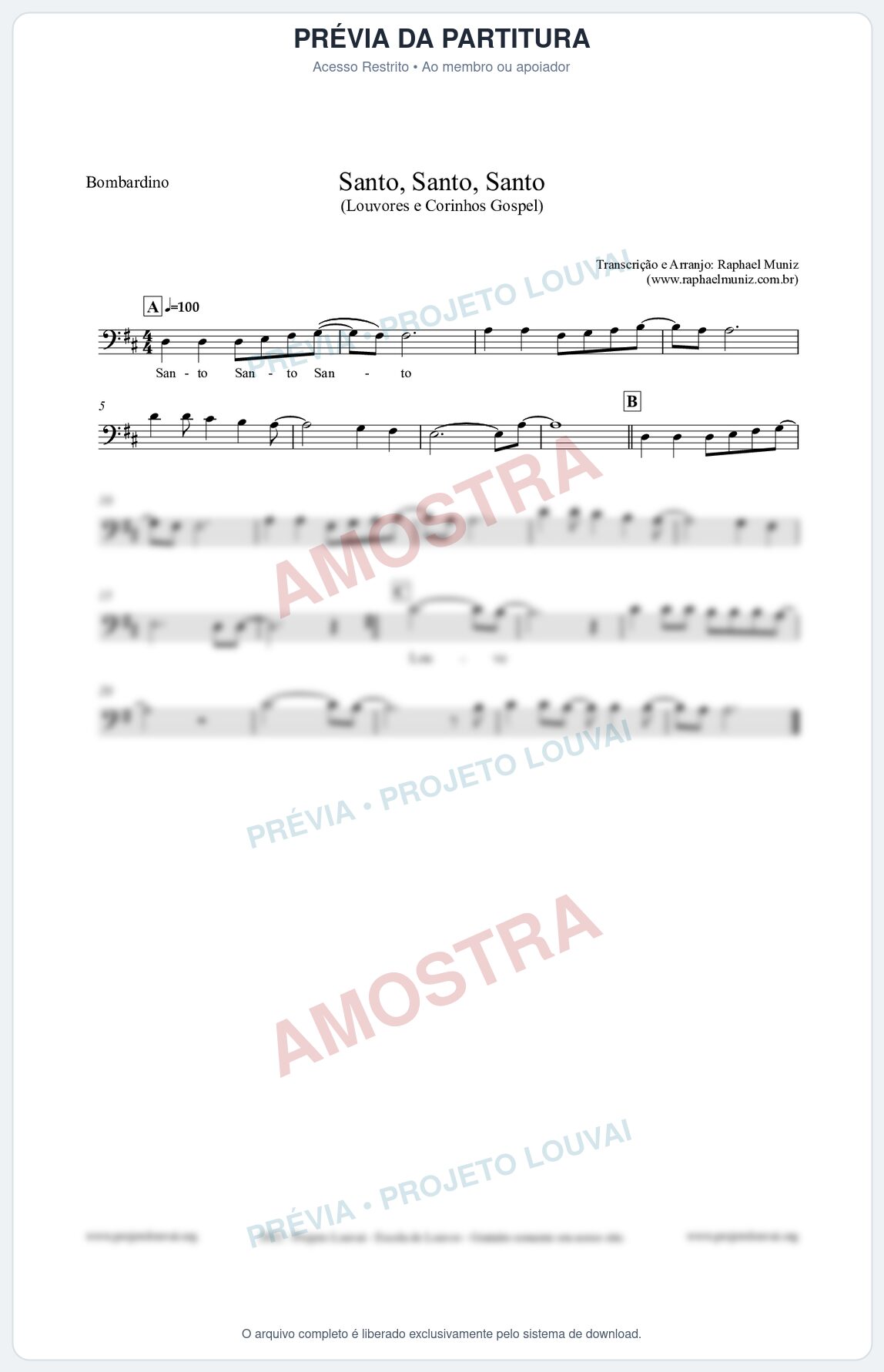 Prévia protegida da primeira página da partitura Partitura para Bombardino - Santo, Santo, Santo - Louvores e Corinhos Gospel
