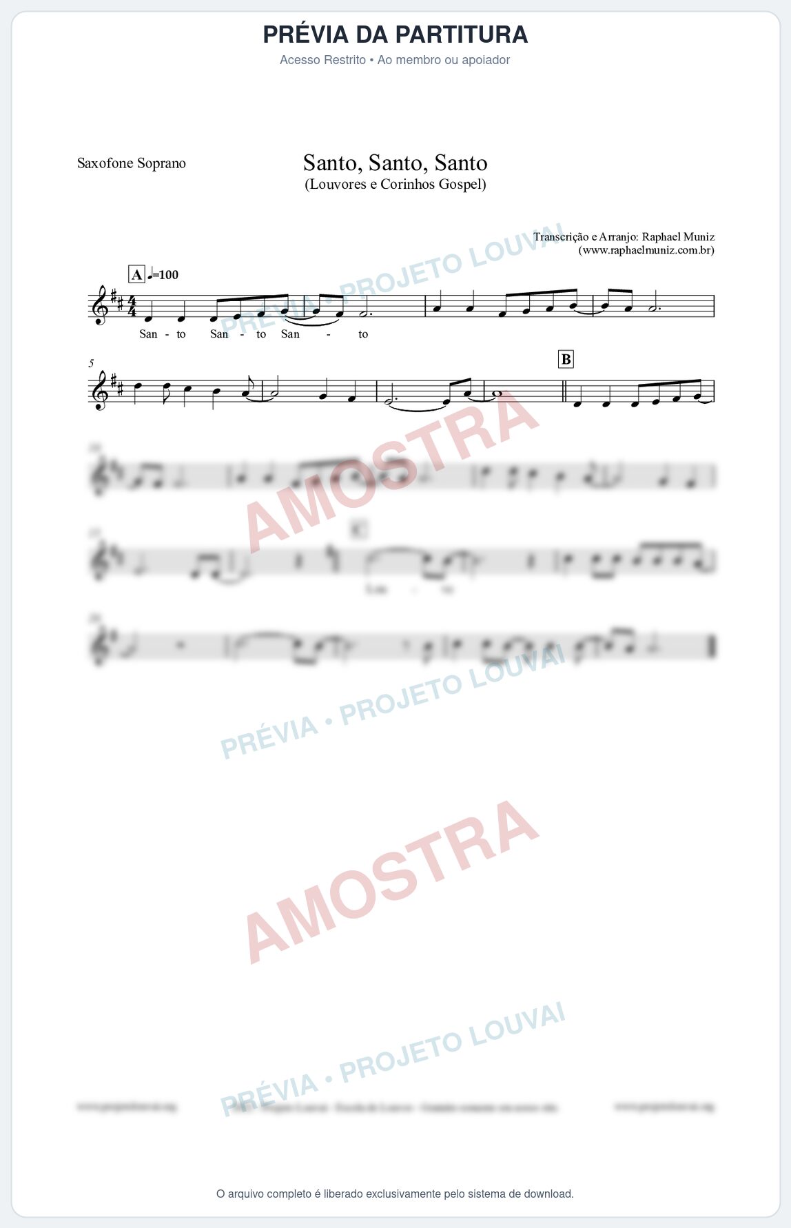 Prévia protegida da primeira página da partitura Partitura para Saxofone Soprano - Santo, Santo, Santo - Louvores e Corinhos Gospel
