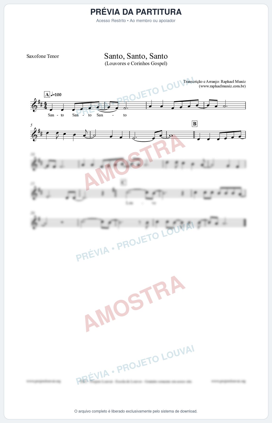 Prévia protegida da primeira página da partitura Partitura para Saxofone Tenor - Santo, Santo, Santo - Louvores e Corinhos Gospel