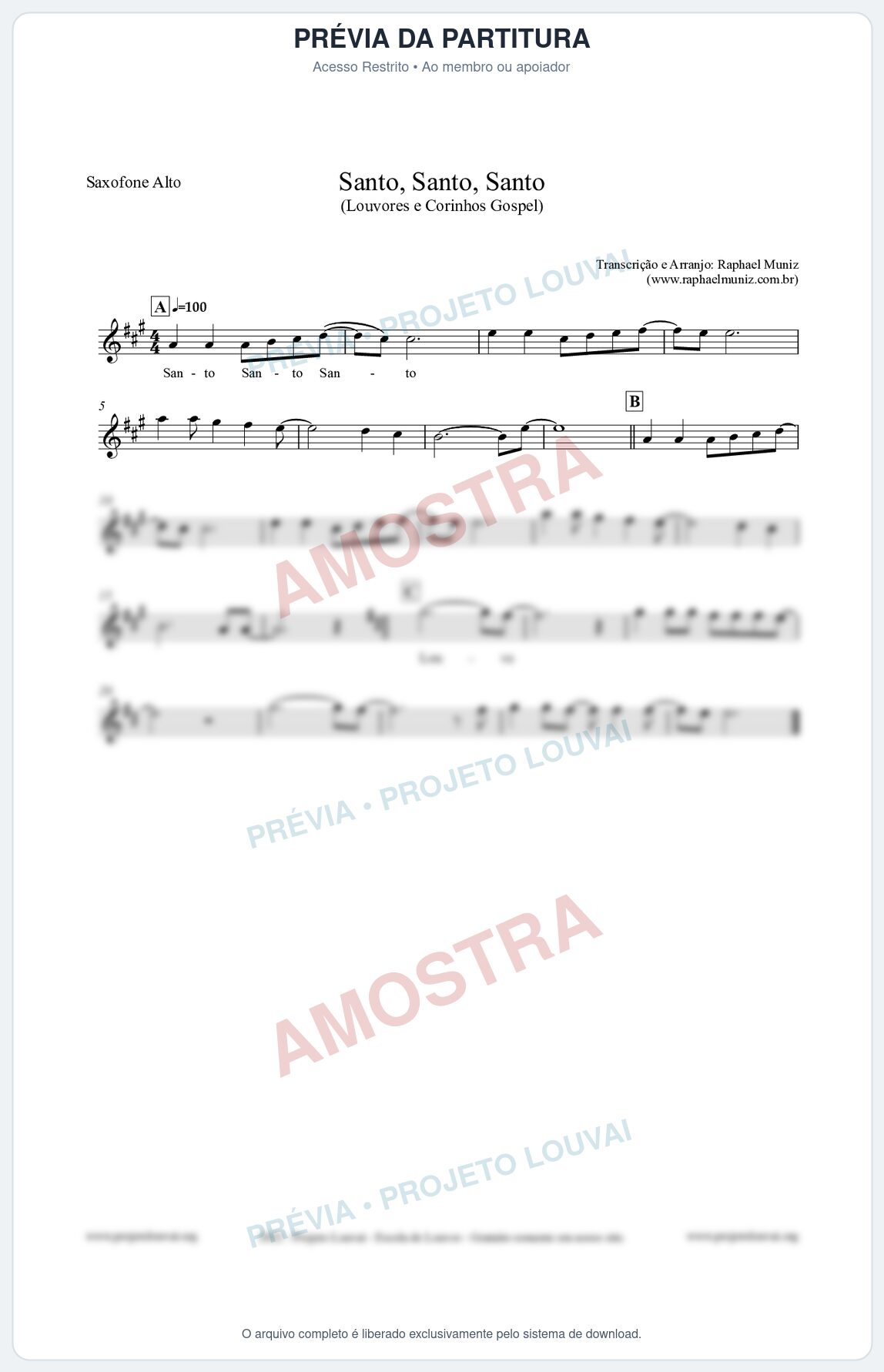 Prévia protegida da primeira página da partitura Partitura para Saxofone Alto - Santo, Santo, Santo - Louvores e Corinhos Gospel