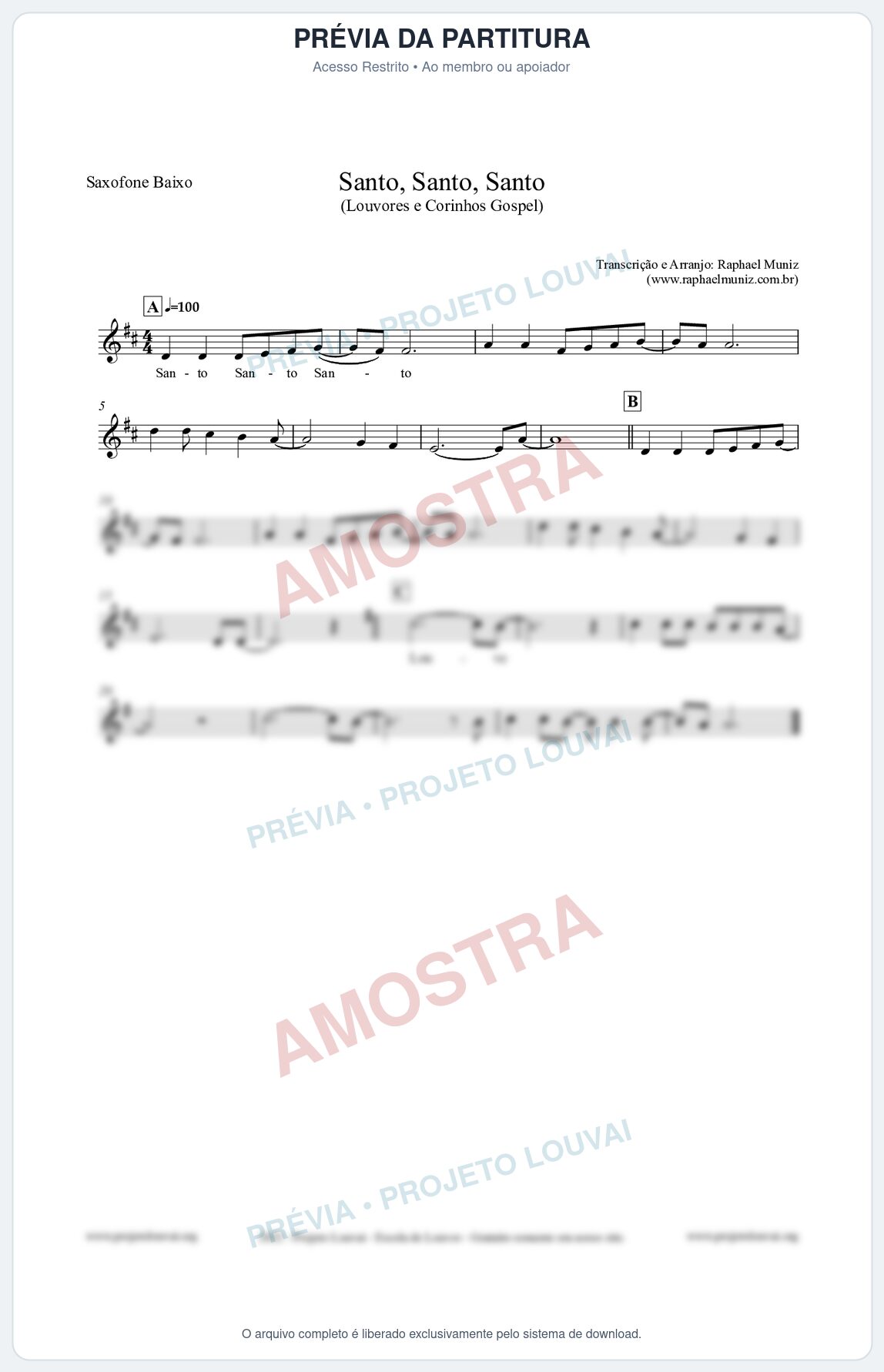 Prévia protegida da primeira página da partitura Partitura para Saxofone Baixo - Santo, Santo, Santo - Louvores e Corinhos Gospel