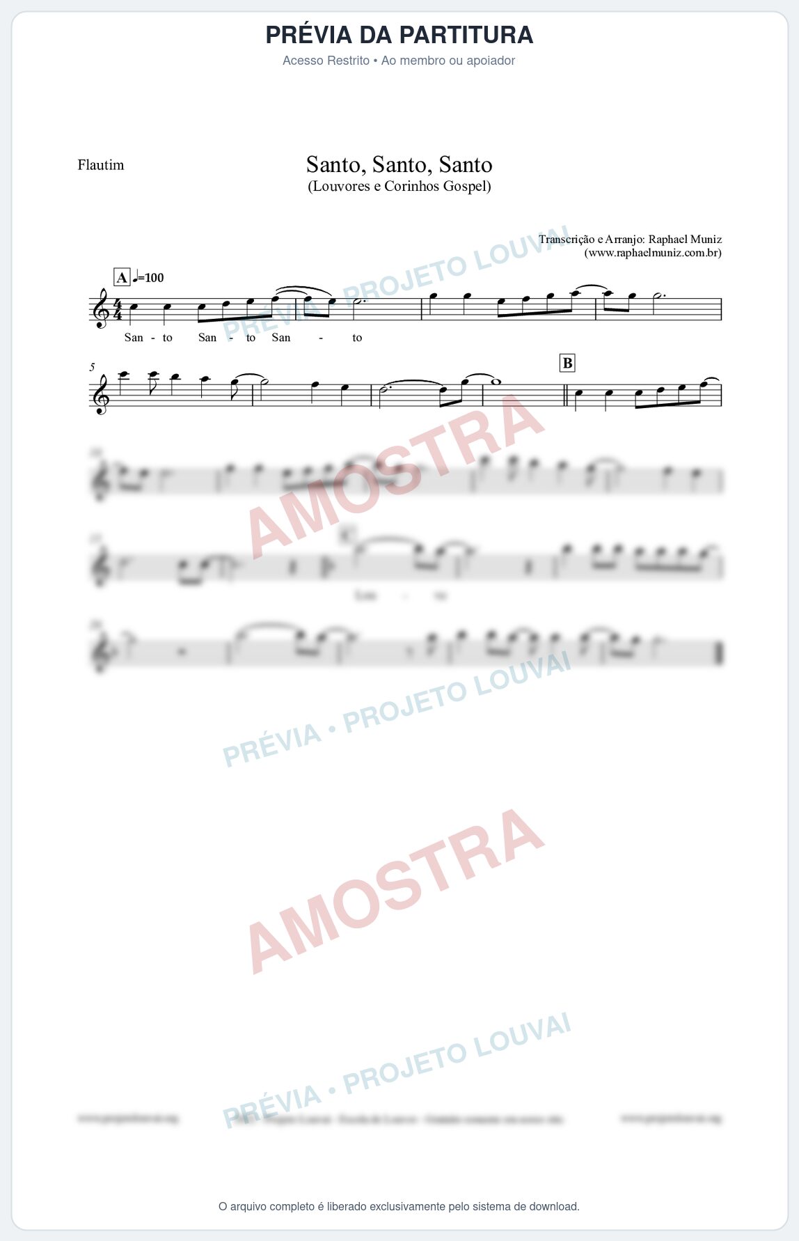 Prévia protegida da primeira página da partitura Partitura para Flautim - Santo, Santo, Santo - Louvores e Corinhos Gospel