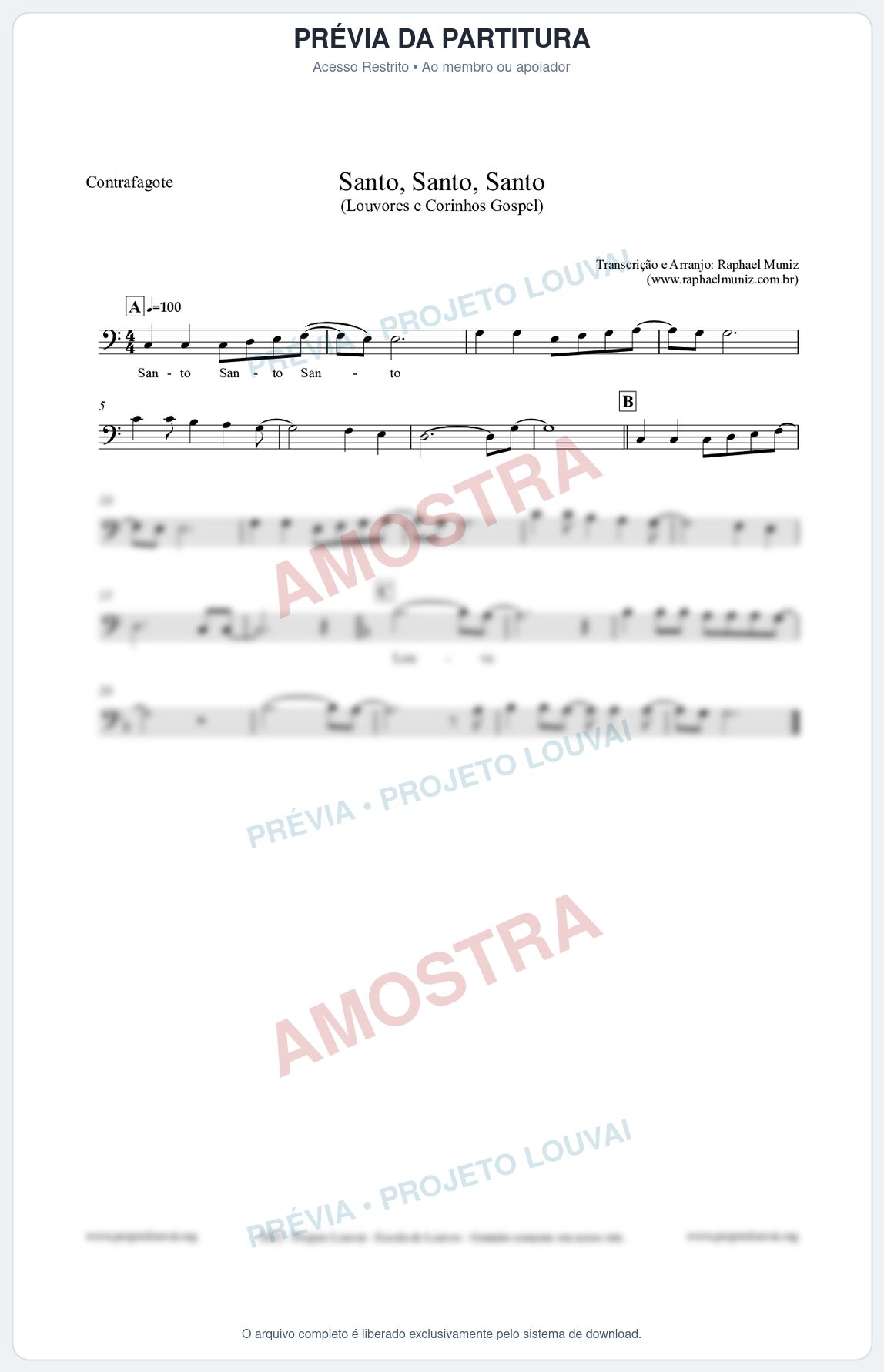 Prévia protegida da primeira página da partitura Partitura para Contrafagote - Santo, Santo, Santo - Louvores e Corinhos Gospel