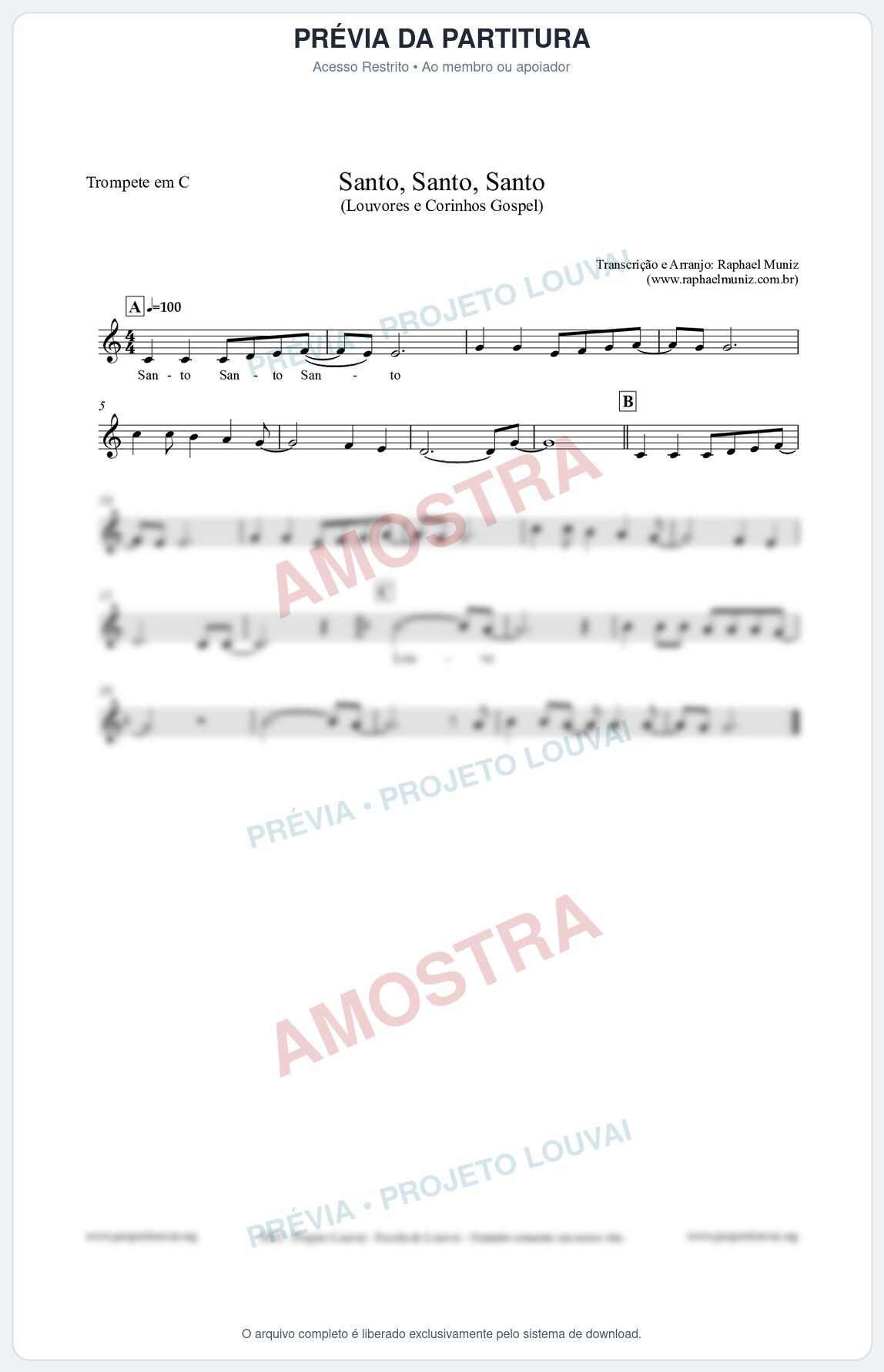 Prévia protegida da primeira página da partitura Partitura para Trompete em C - Santo, Santo, Santo - Louvores e Corinhos Gospel