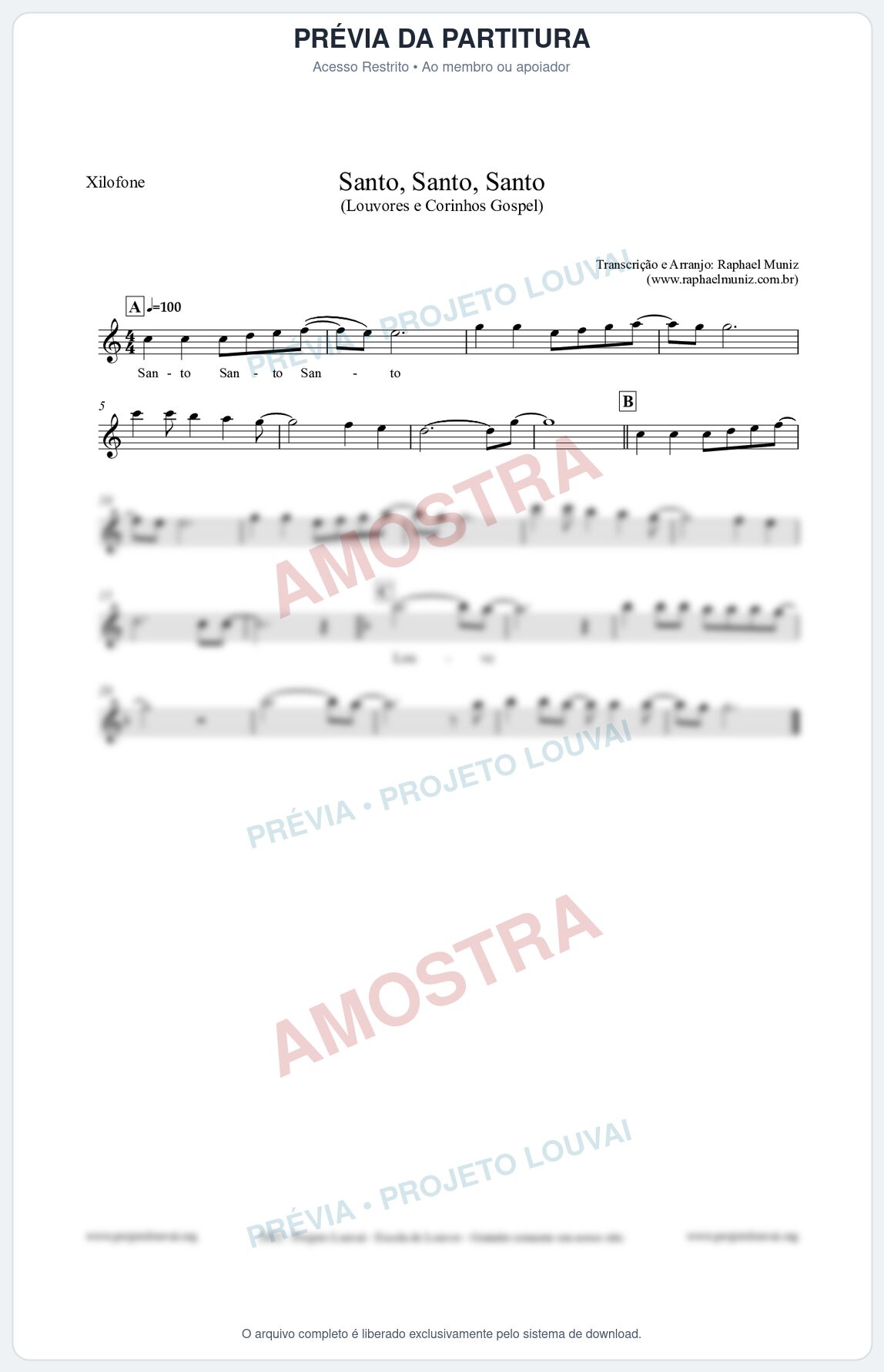 Prévia protegida da primeira página da partitura Partitura para Xilofone - Santo, Santo, Santo - Louvores e Corinhos Gospel