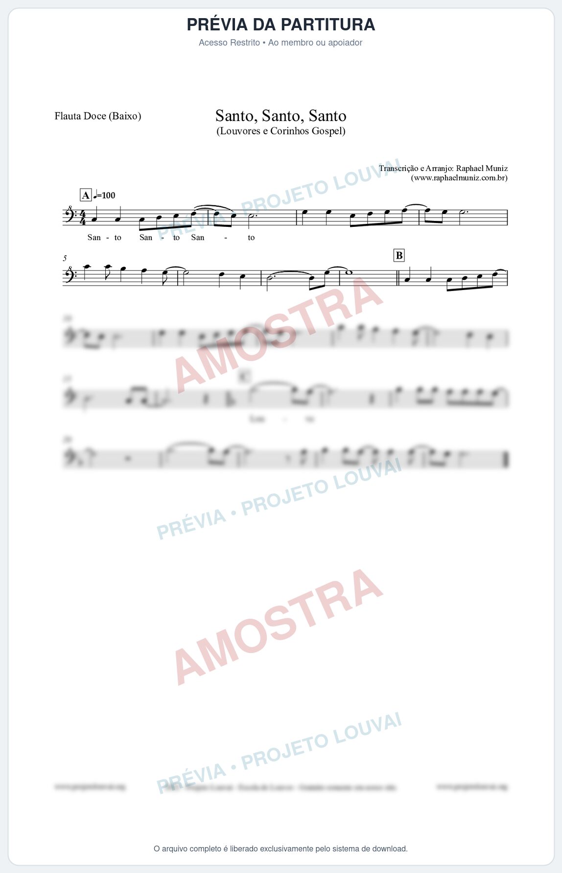 Prévia protegida da primeira página da partitura Partitura para Flauta Doce (Baixo) - Santo, Santo, Santo - Louvores e Corinhos Gospel