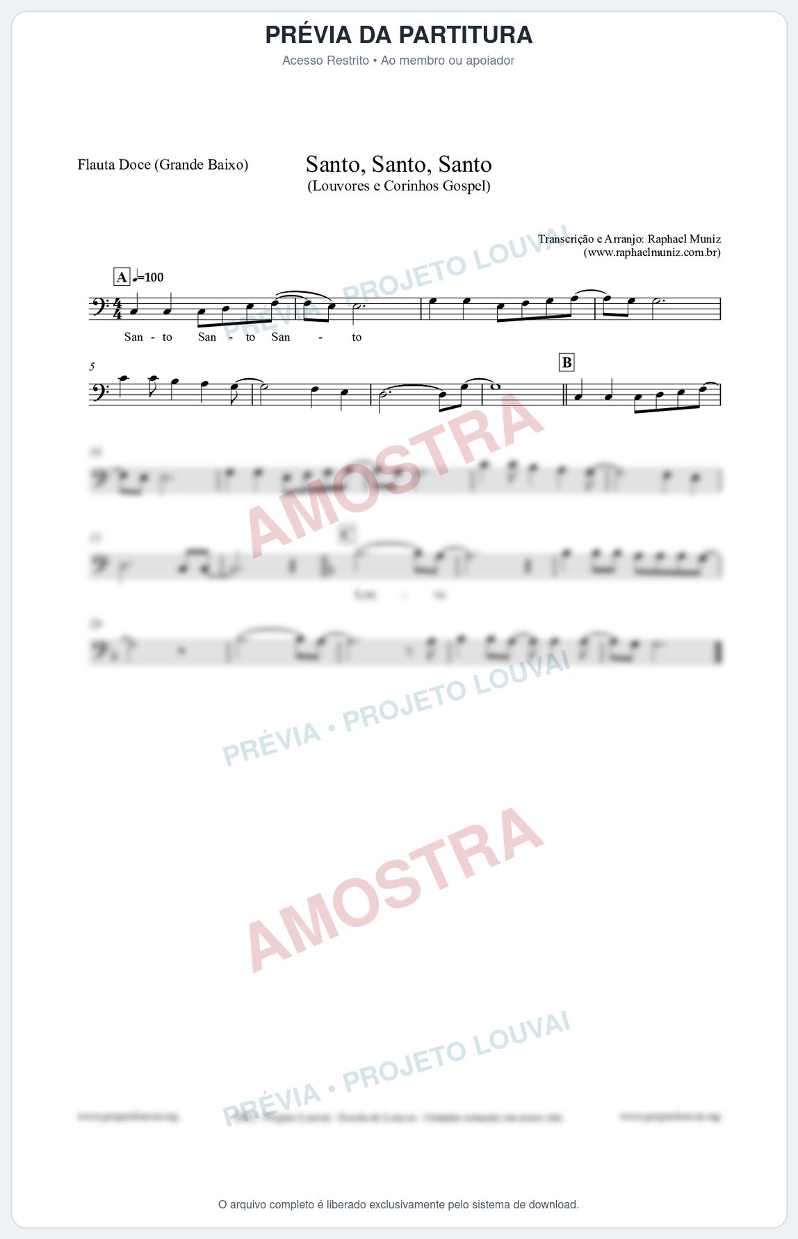Prévia protegida da primeira página da partitura Partitura para Flauta Doce (Grande Baixo) - Santo, Santo, Santo - Louvores e Corinhos Gospel