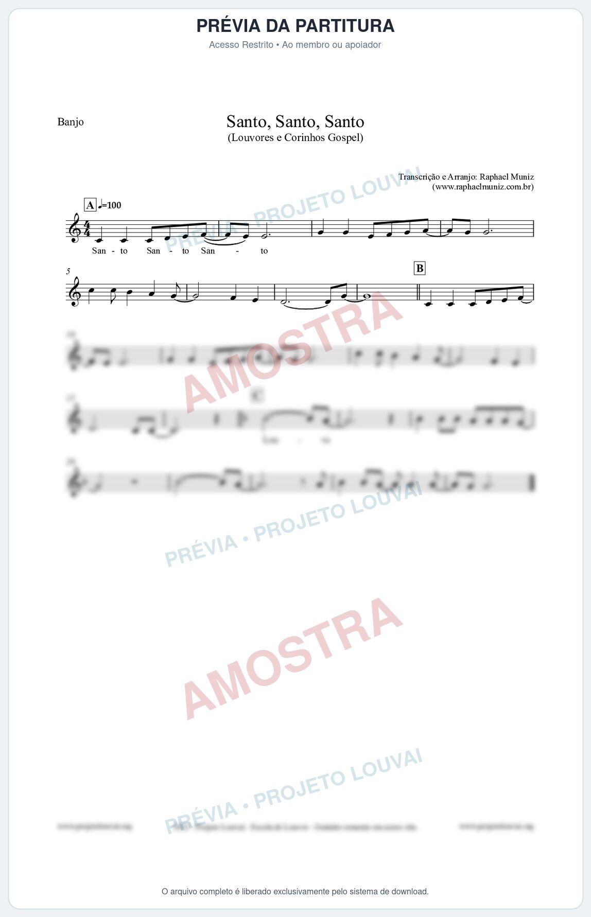 Prévia protegida da primeira página da partitura Partitura para Banjo - Santo, Santo, Santo - Louvores e Corinhos Gospel