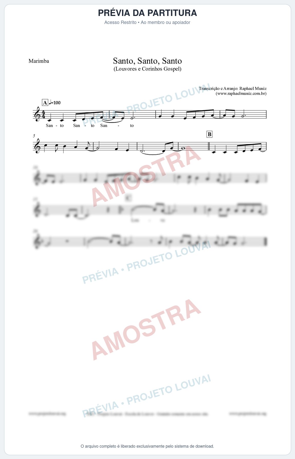 Prévia protegida da primeira página da partitura Partitura para Marimba - Santo, Santo, Santo - Louvores e Corinhos Gospel
