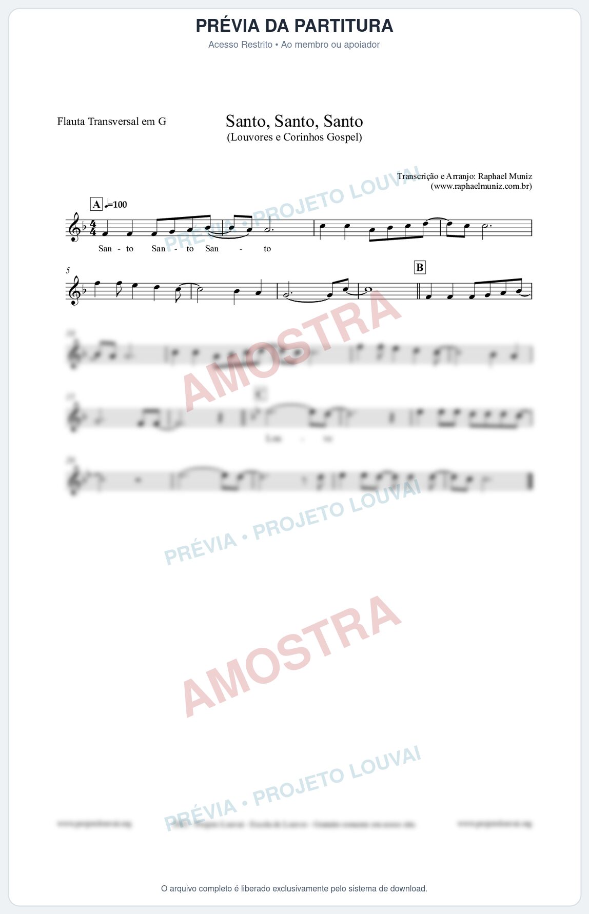 Prévia protegida da primeira página da partitura Partitura para Flauta Transversal em G - Santo, Santo, Santo - Louvores e Corinhos Gospel