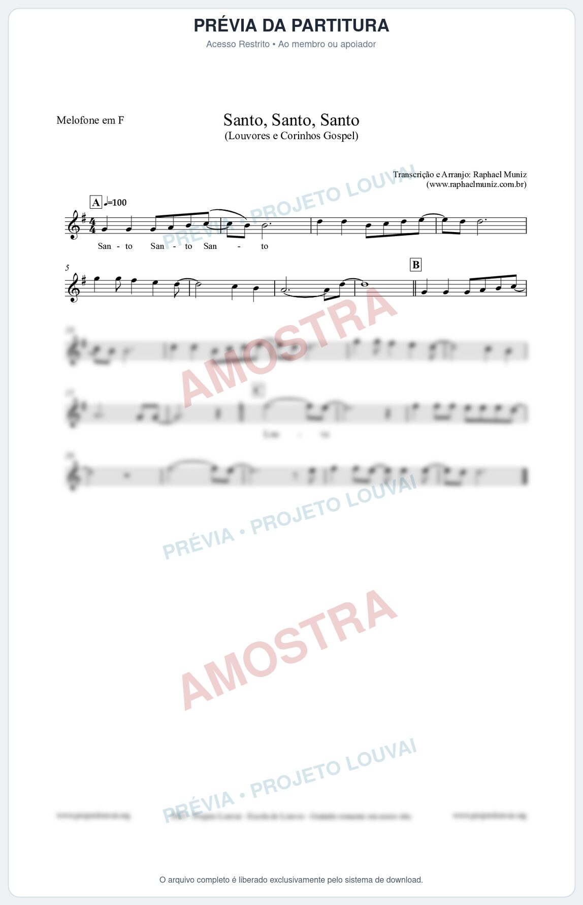 Prévia protegida da primeira página da partitura Partitura para Melofone em F - Santo, Santo, Santo - Louvores e Corinhos Gospel