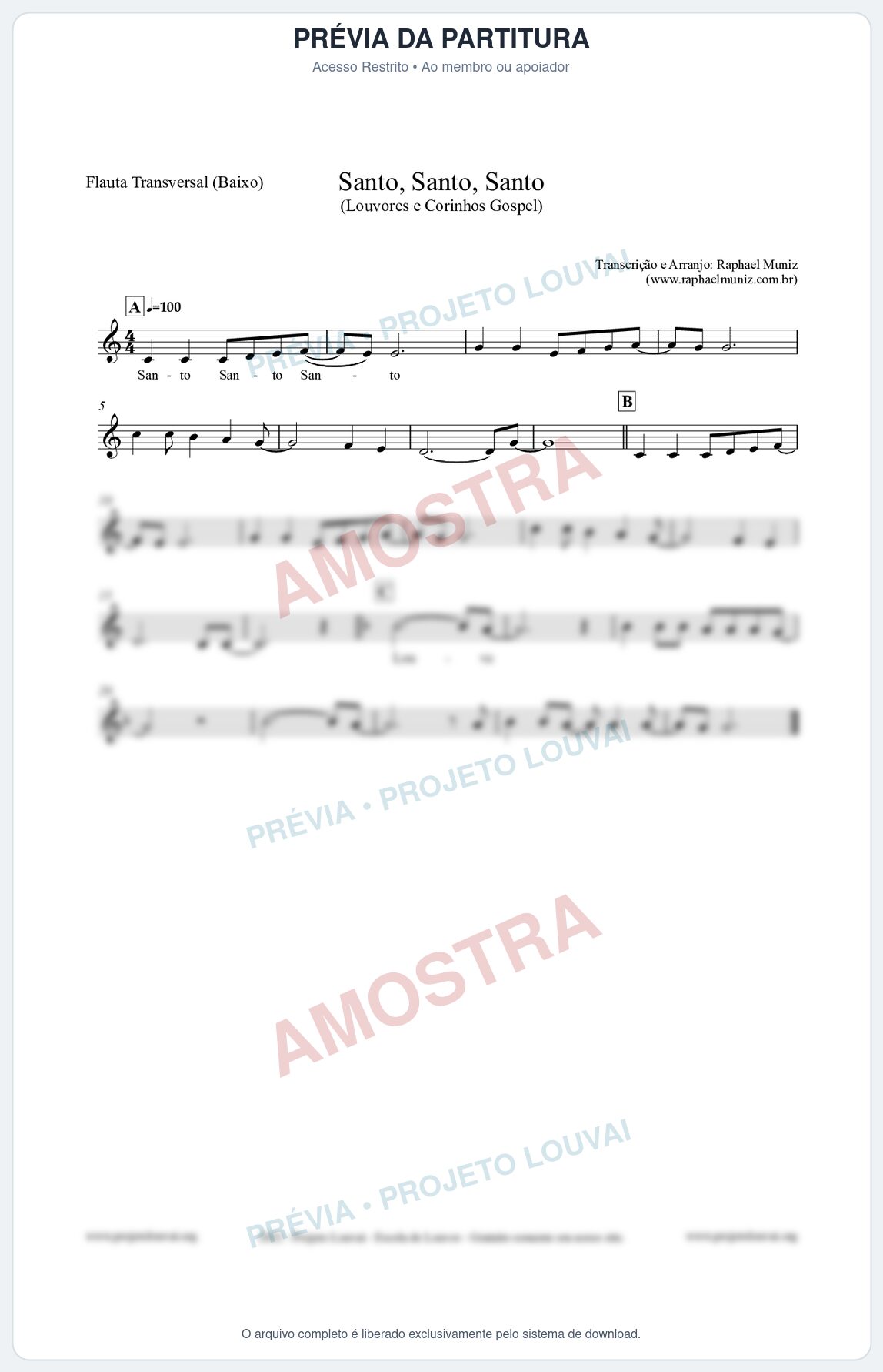 Prévia protegida da primeira página da partitura Partitura para Flauta Transversal (Baixo) - Santo, Santo, Santo - Louvores e Corinhos Gospel