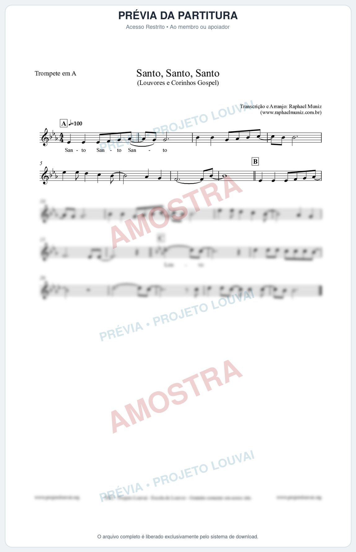 Prévia protegida da primeira página da partitura Partitura para Trompete em A - Santo, Santo, Santo - Louvores e Corinhos Gospel