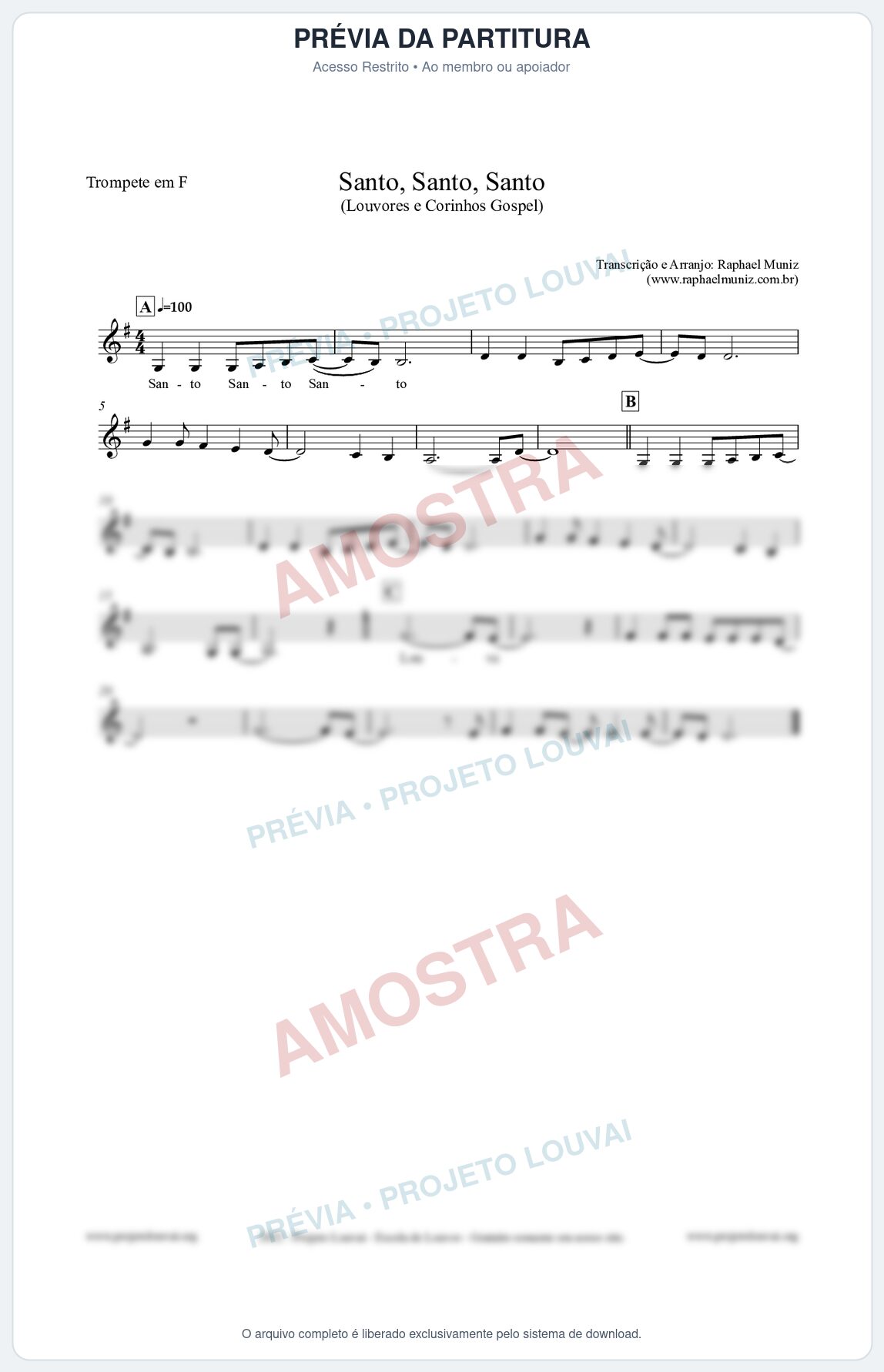 Prévia protegida da primeira página da partitura Partitura para Trompete em F - Santo, Santo, Santo - Louvores e Corinhos Gospel