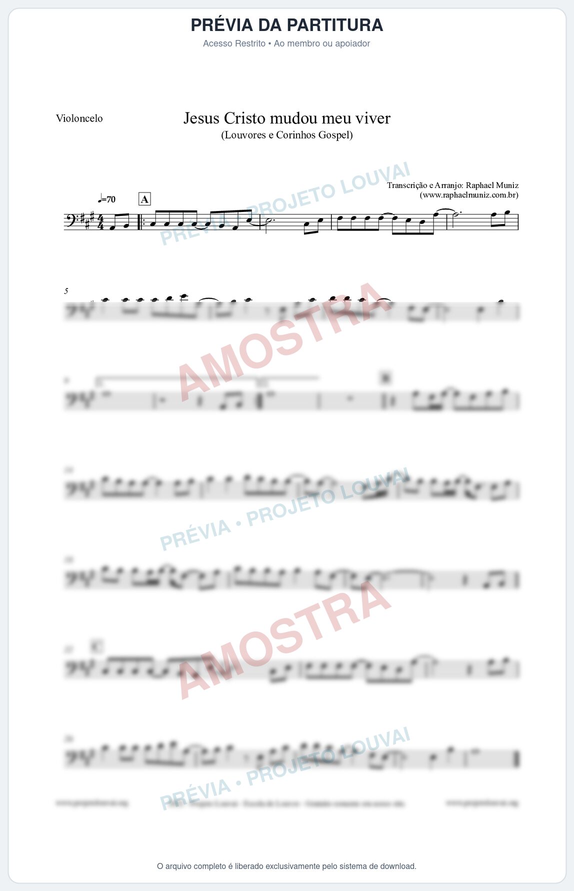 Prévia protegida da primeira página da partitura Partitura para Violoncelo - Jesus Cristo mudou meu viver - Louvores e Corinhos Gospel