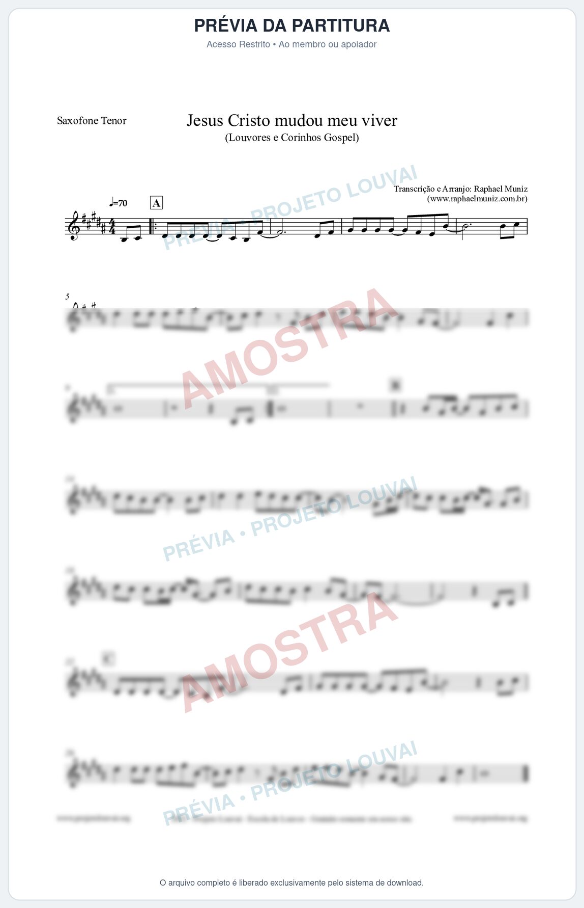 Prévia protegida da primeira página da partitura Partitura para Saxofone Tenor - Jesus Cristo mudou meu viver - Louvores e Corinhos Gospel