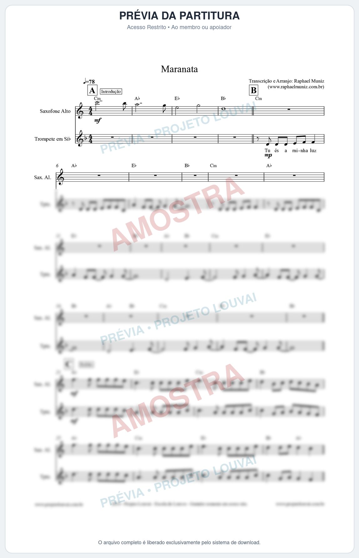 Prévia protegida da primeira página da partitura Partitura para Dueto (Trompete e Sax Alto) - Maranata - Avivah