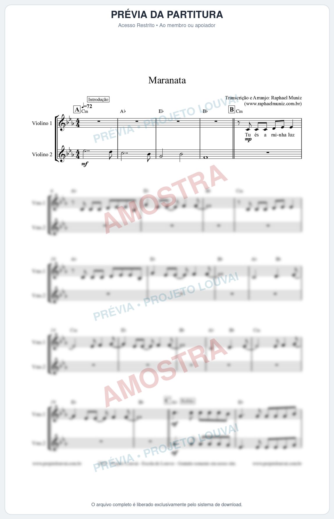 Prévia protegida da primeira página da partitura Partitura para Dueto (Violino 1 e Violino 2 ) - Maranata - Avivah