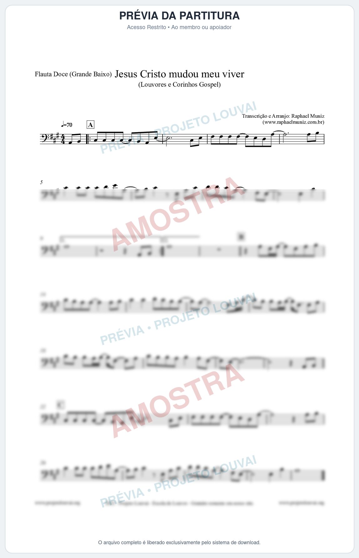 Prévia protegida da primeira página da partitura Partitura para Flauta Doce (Grande Baixo) - Jesus Cristo mudou meu viver - Louvores e Corinhos Gospel