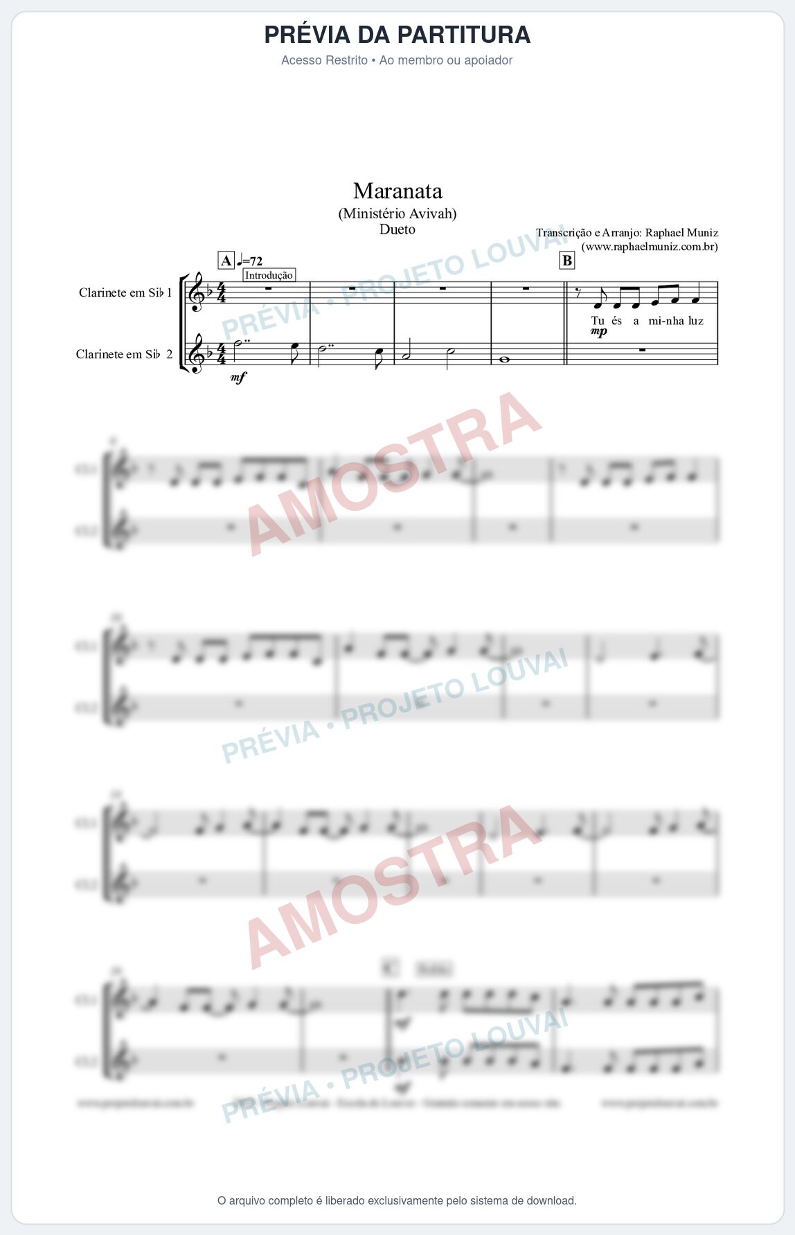 Prévia protegida da primeira página da partitura Partitura para Dueto (Clarinete 1 e Clarinete 2) - Maranata - Avivah
