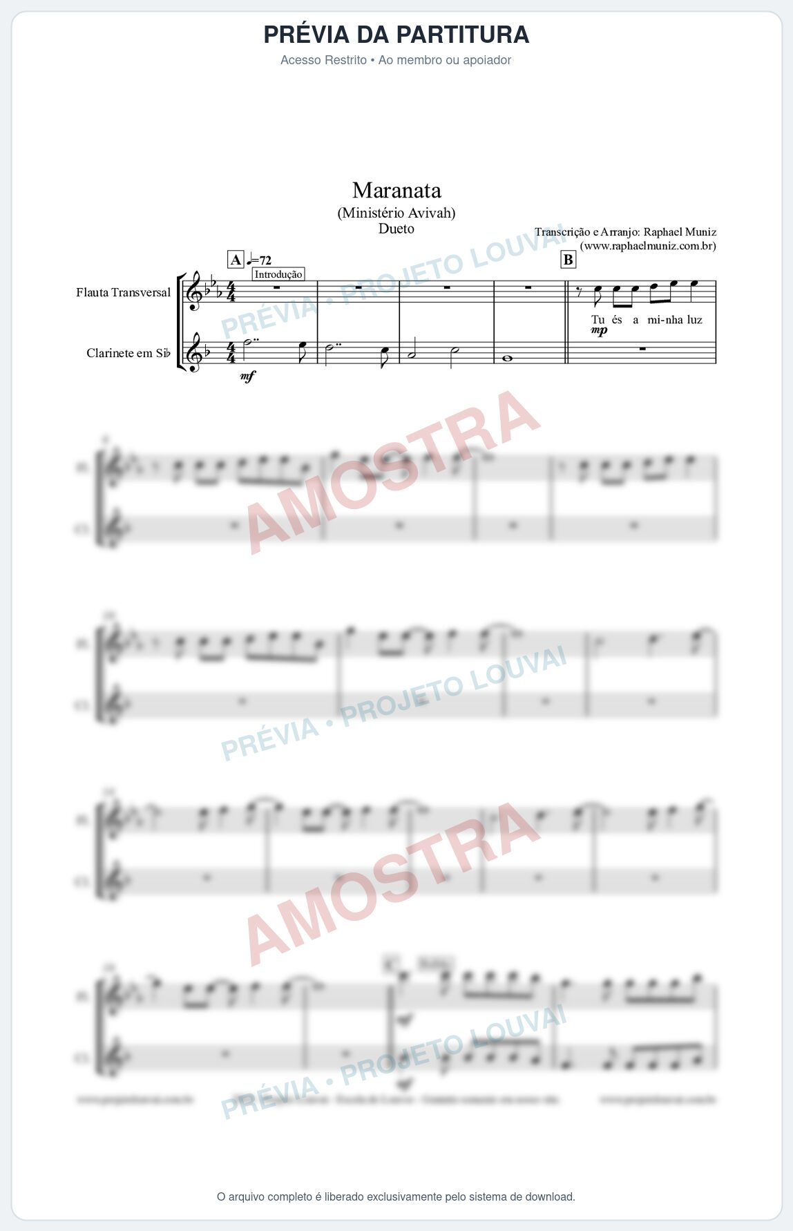 Prévia protegida da primeira página da partitura Partitura para Dueto (Flauta Transversal e Clarinete ) - Maranata - Avivah