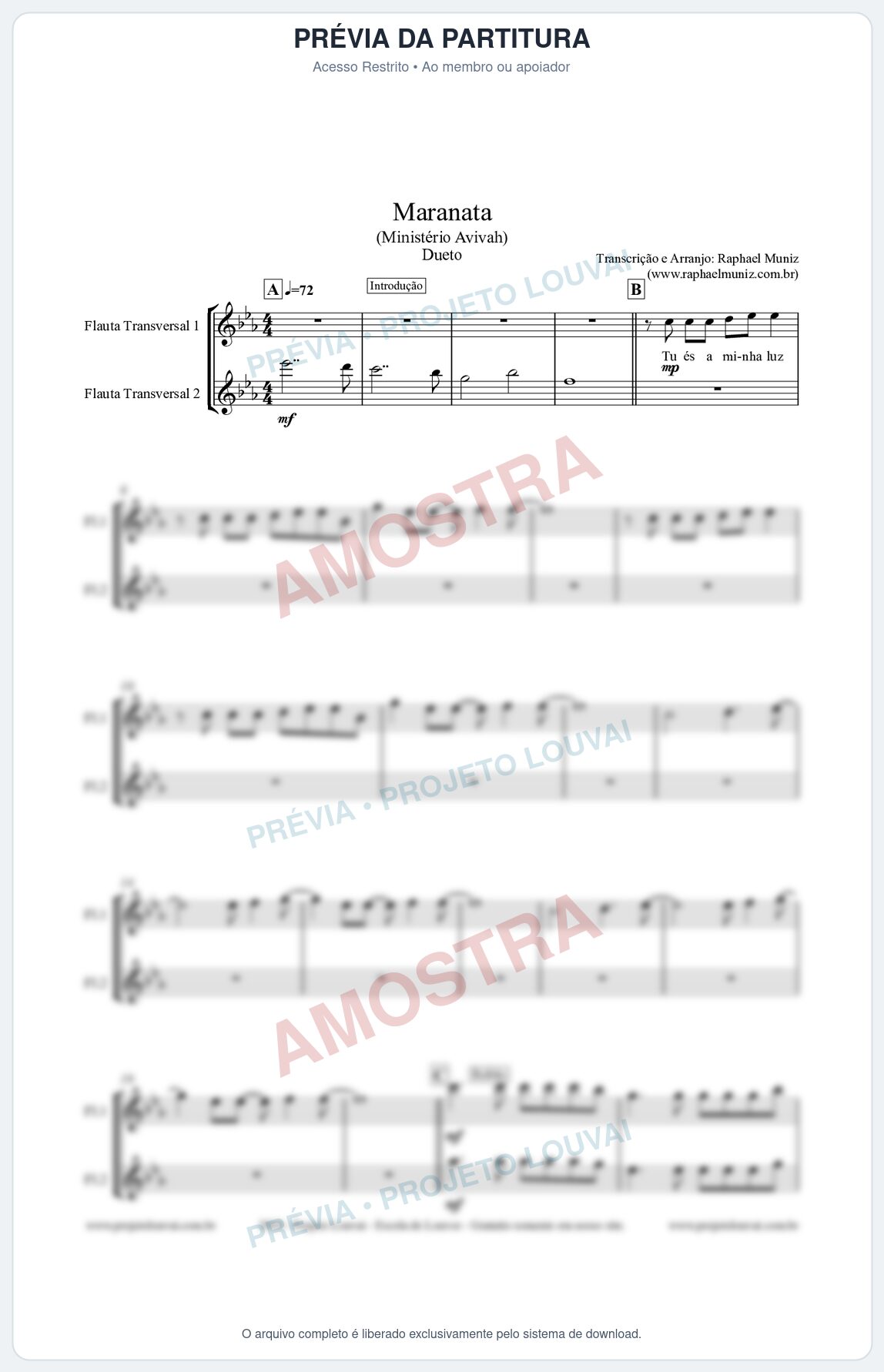 Prévia protegida da primeira página da partitura Partitura para Dueto (Flauta Transversal 1 e Flauta Transversal 2 ) - Maranata - Avivah