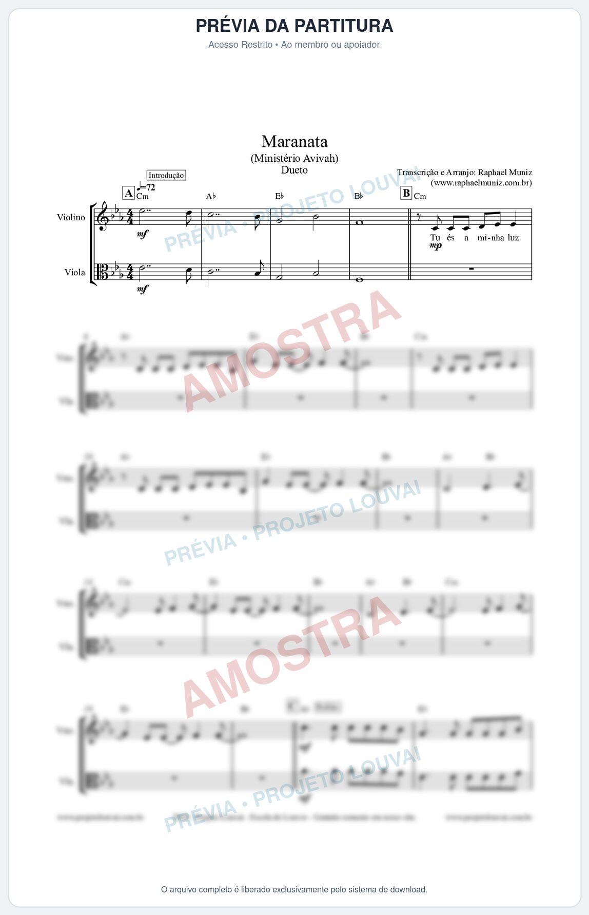 Prévia protegida da primeira página da partitura Partitura para Dueto (Violino e Viola) - Maranata - Avivah