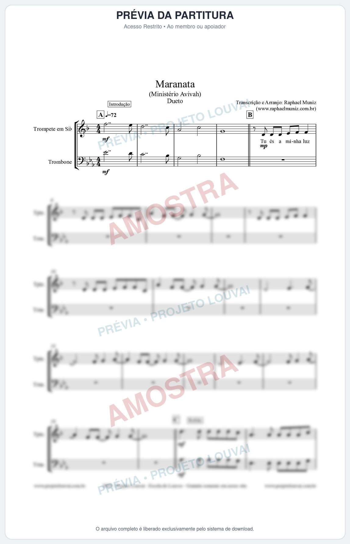 Prévia protegida da primeira página da partitura Partitura para Dueto (Trompete e Trombone) - Maranata - Avivah