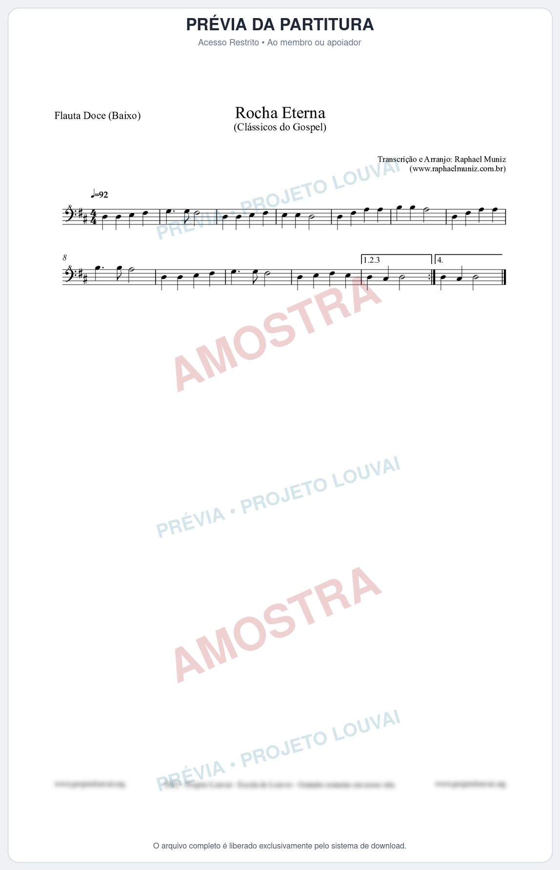 Prévia protegida da primeira página da partitura Partitura para Flauta Doce (Baixo) - Rocha Eterna - Harpa Cristã nº47 - Clássicos do Gospel
