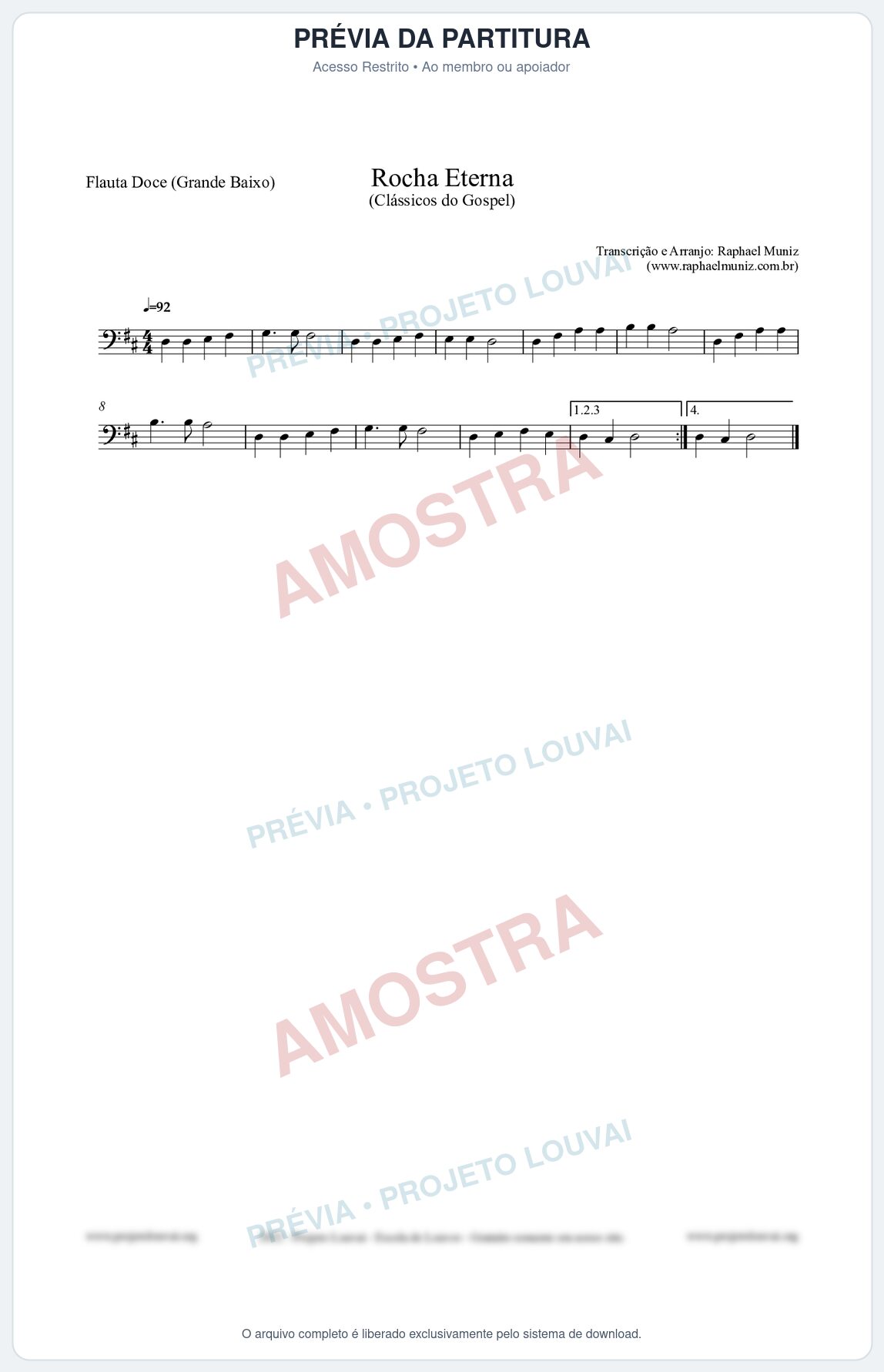 Prévia protegida da primeira página da partitura Partitura para Flauta Doce (Grande Baixo) - Rocha Eterna - Harpa Cristã nº47 - Clássicos do Gospel