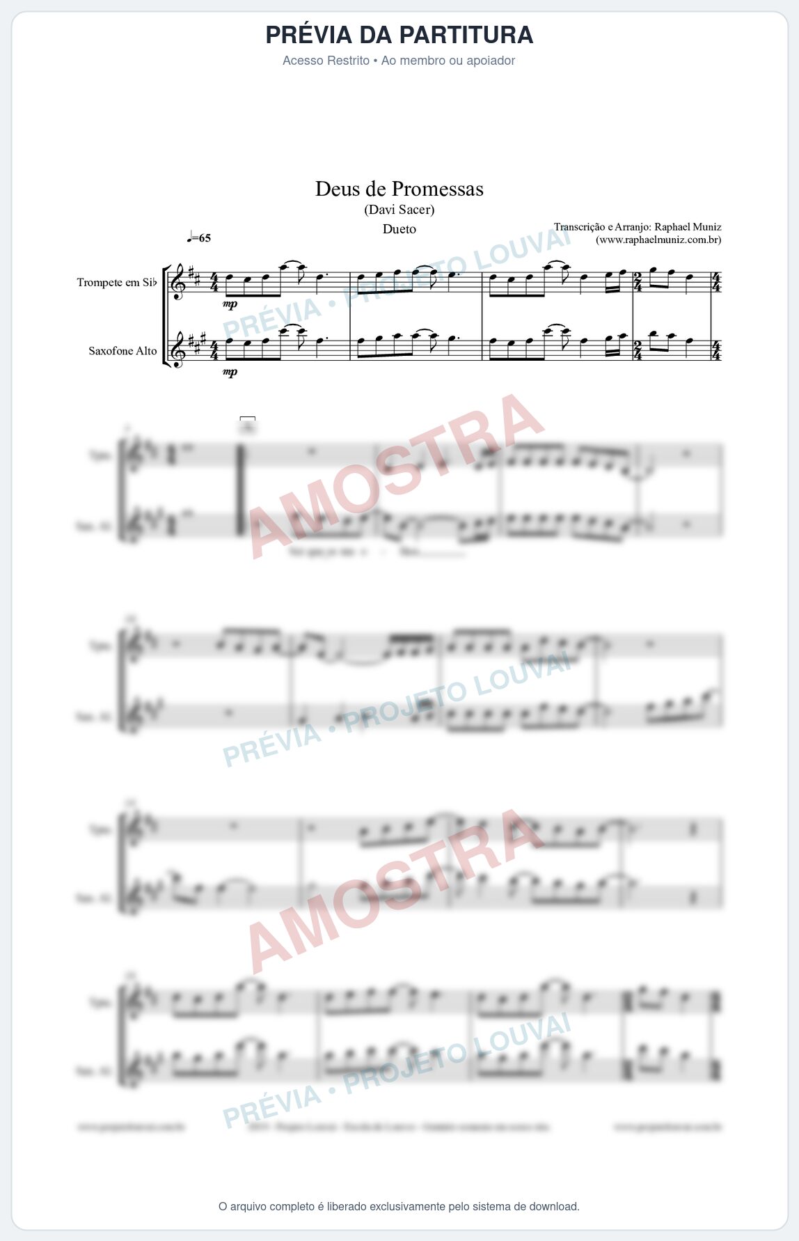 Prévia protegida da primeira página da partitura Partitura para Dueto (Trompete e Sax Alto) - Deus de Promessas - Davi Sacer