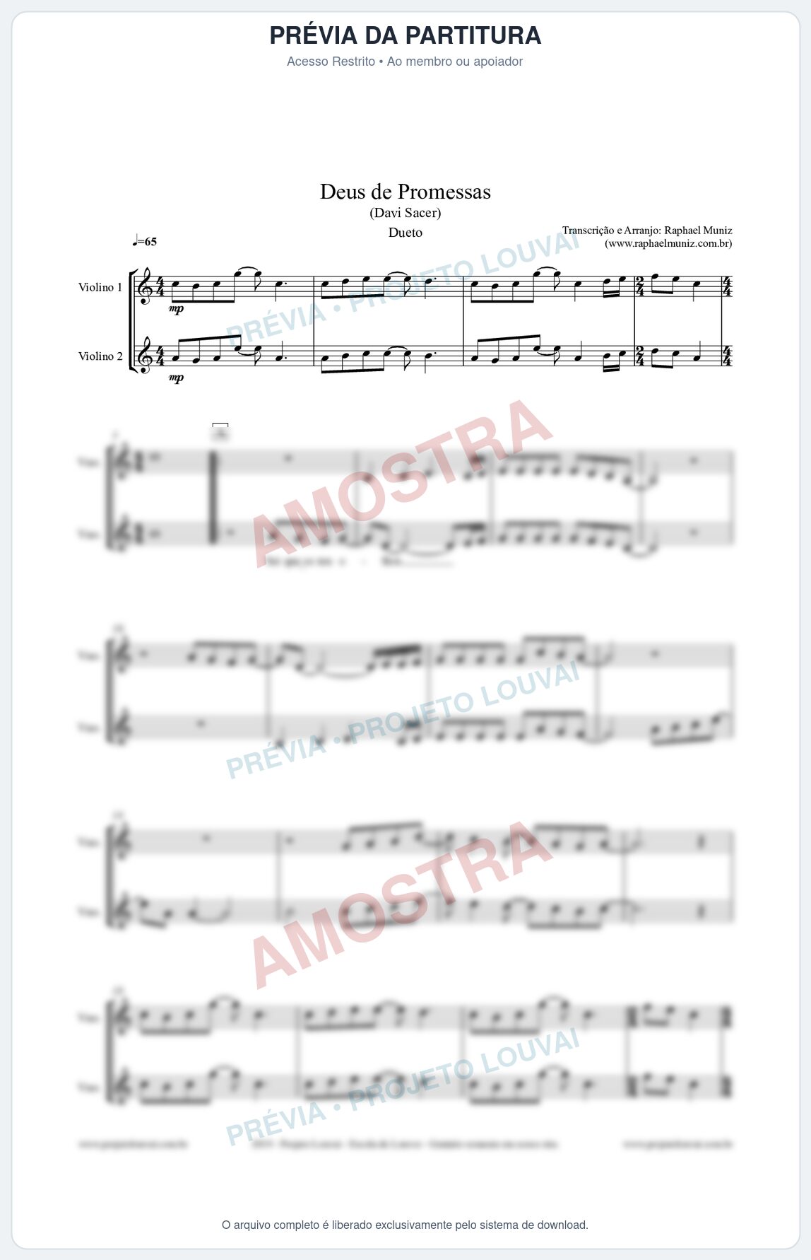 Prévia protegida da primeira página da partitura Partitura para Dueto (Violino 1 e Violino 2 ) - Deus de Promessas - Davi Sacer
