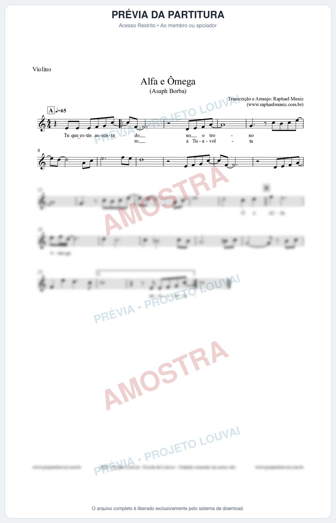 Prévia protegida da primeira página da partitura Partitura para Violino - Alfa e Ômega - Asaph Borba