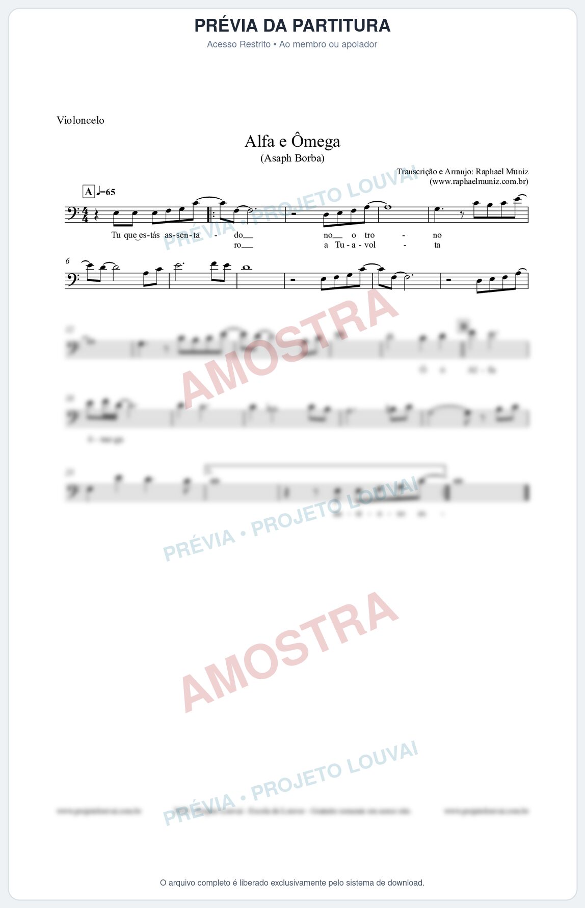 Prévia protegida da primeira página da partitura Partitura para Violoncelo - Alfa e Ômega - Asaph Borba