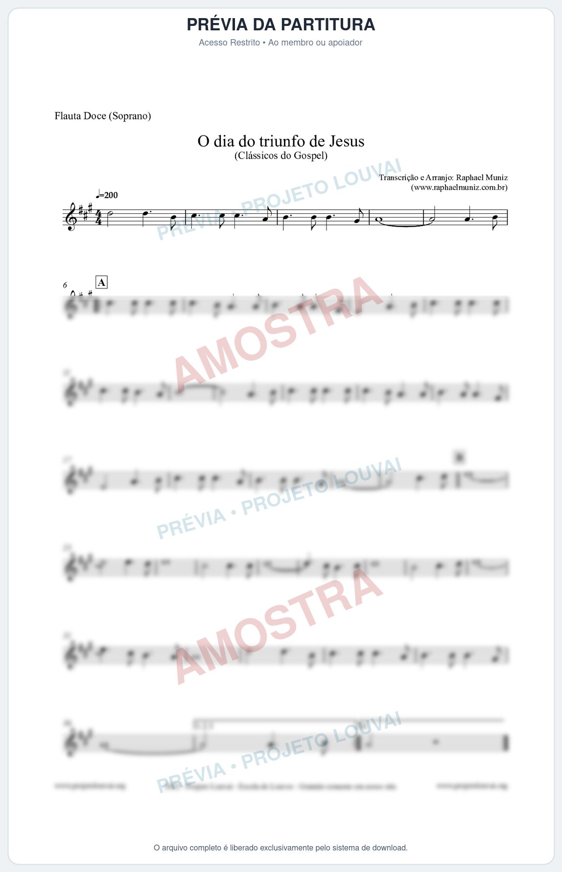Prévia protegida da primeira página da partitura Partitura para Flauta Doce (Soprano) - O dia do triunfo de Jesus - Harpa Cristã nº48 - Clássicos do Gospel