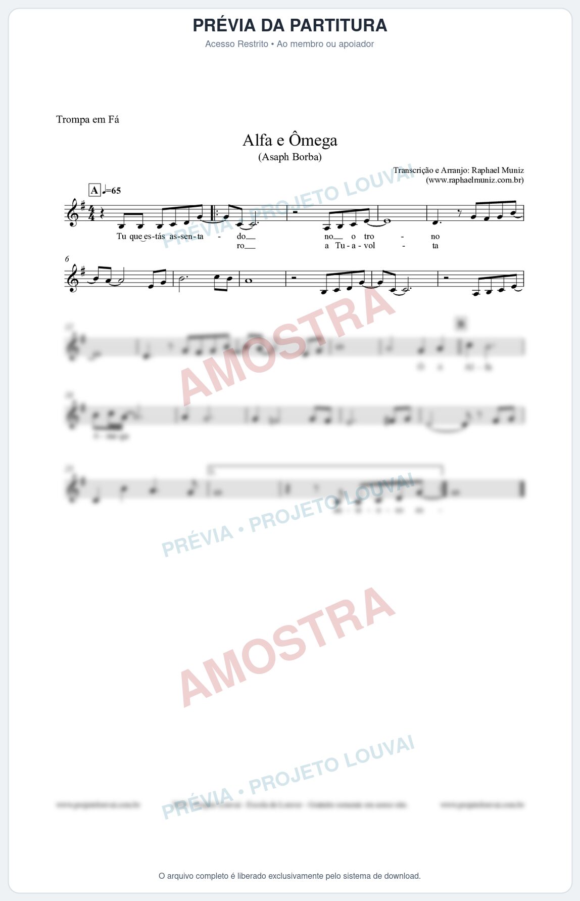 Prévia protegida da primeira página da partitura Partitura para Trompa em Fá - Alfa e Ômega - Asaph Borba